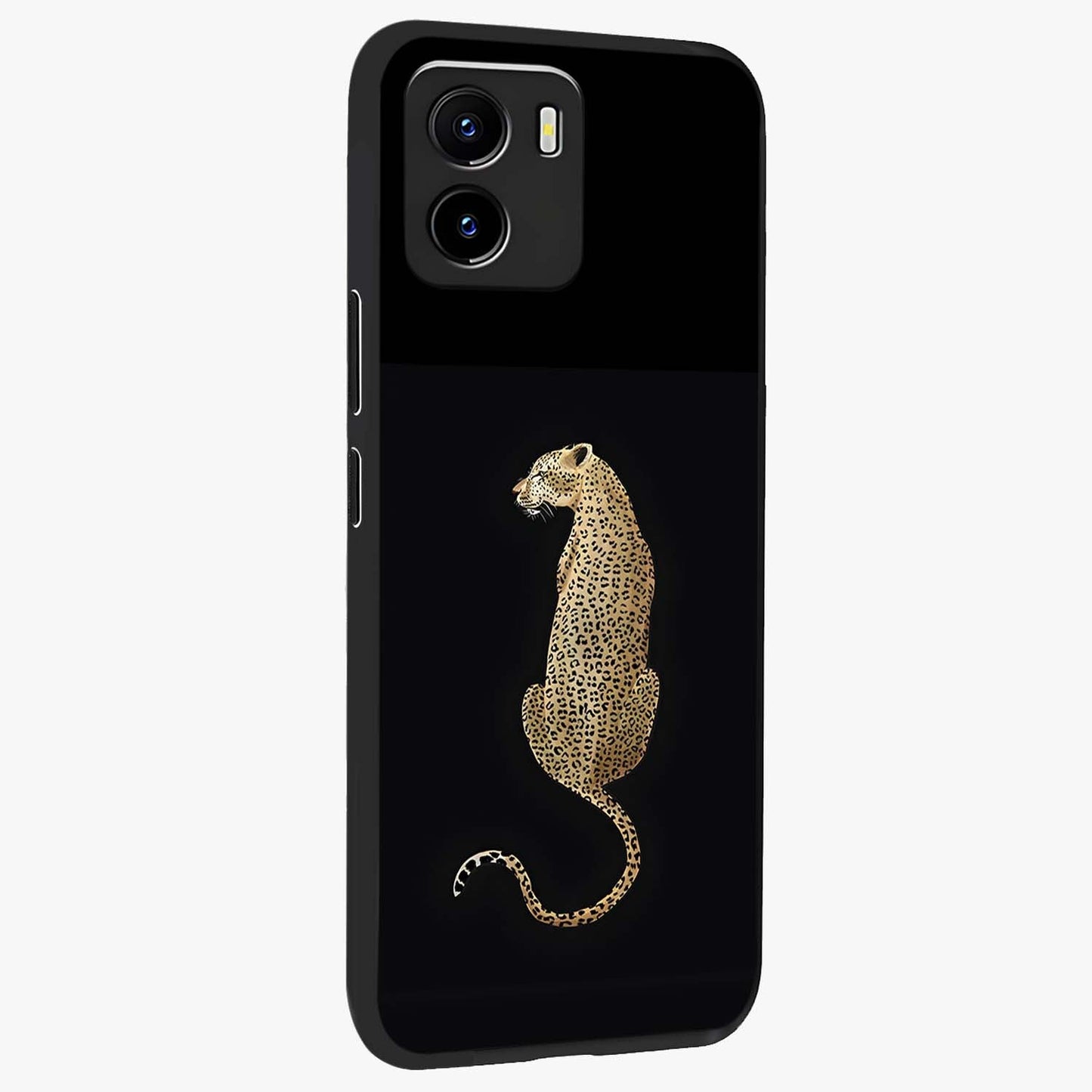 Regal Leopard Glass Case upright view showcasing striking leopard artwork with fierce wildlife theme.