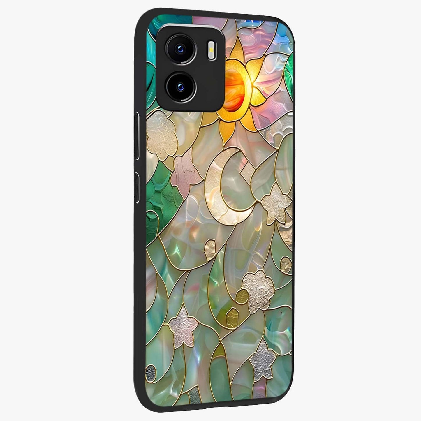 Stained Sunrise Glow Glass Case upright view showcasing colorful sunrise artwork with warm morning theme.