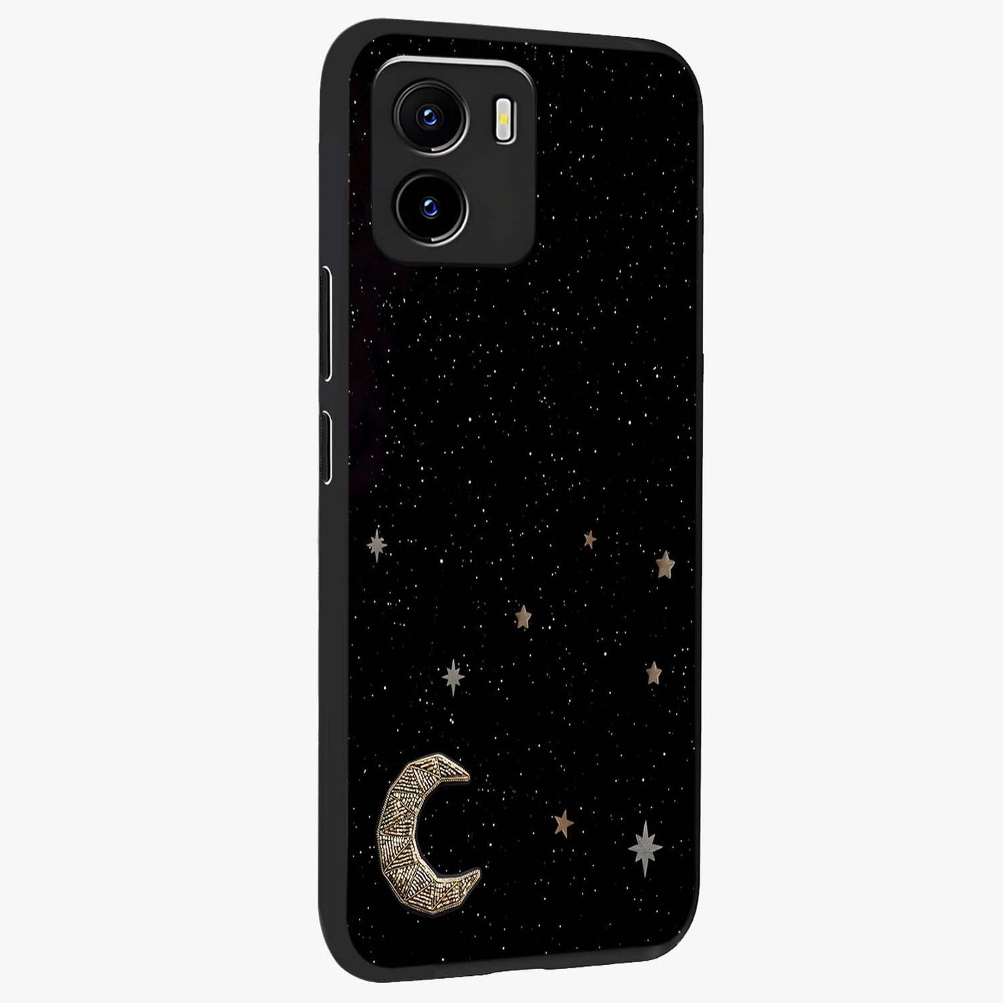 Twinkle Star With Half Moon Glass Case upright view showcasing glowing cosmic artwork with dreamy night theme.