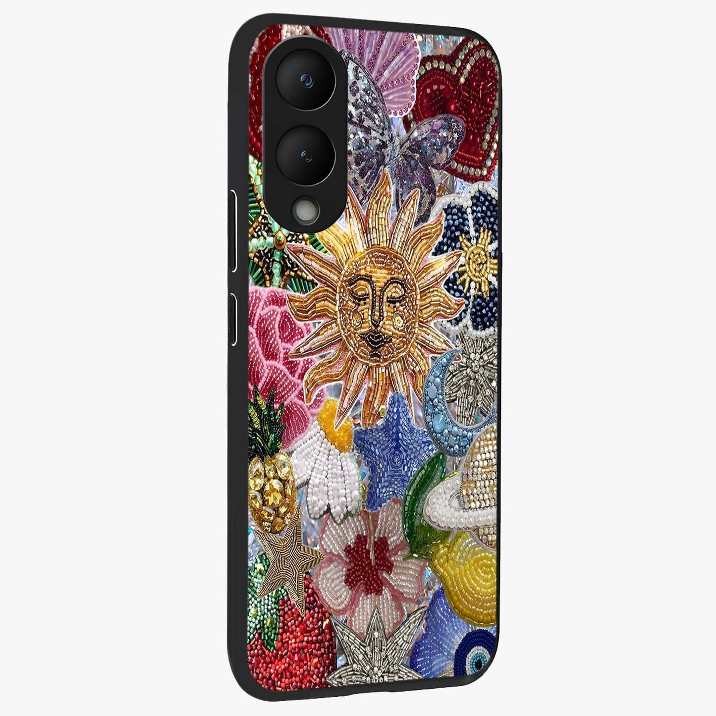 Celestial Floral and Playful Glass Case upright view showcasing whimsical floral artwork with cosmic aesthetic theme.