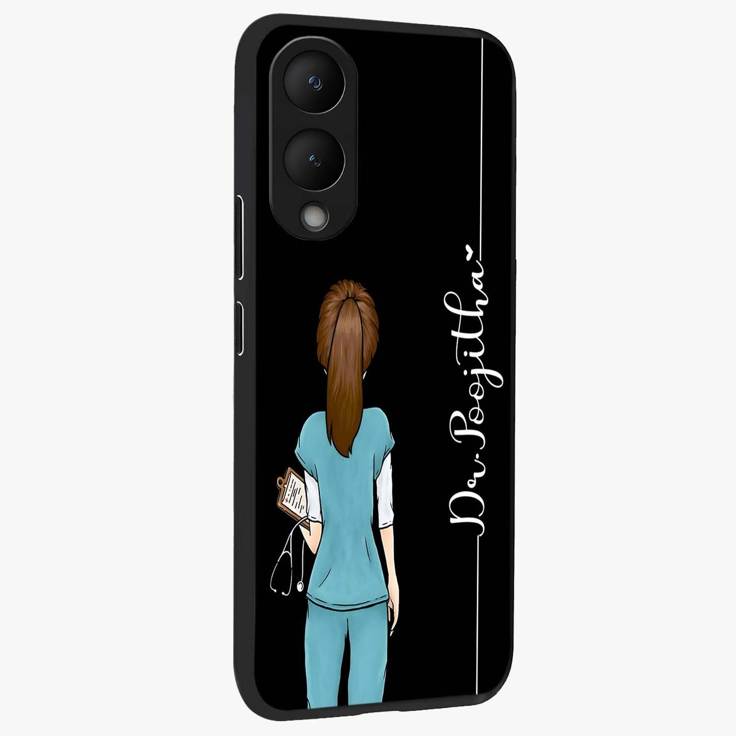 Doctor Pattern Custom Name Glass Case upright view showcasing healthcare themed design with personalized aesthetic.