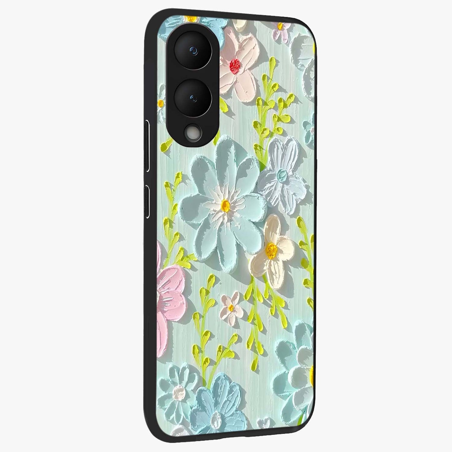Frosted Petal Garden Glass Case upright view showcasing elegant floral garden artwork with soothing pastel theme.