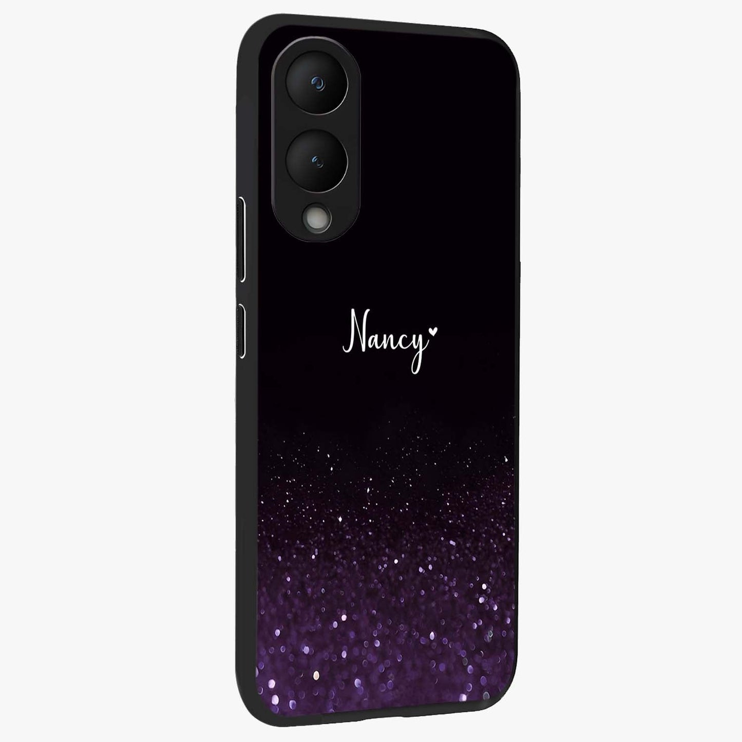 Glittery Purple Bokeh Custom Name Glass Case upright view showcasing vibrant purple sparkle artwork with personalized aesthetic style.