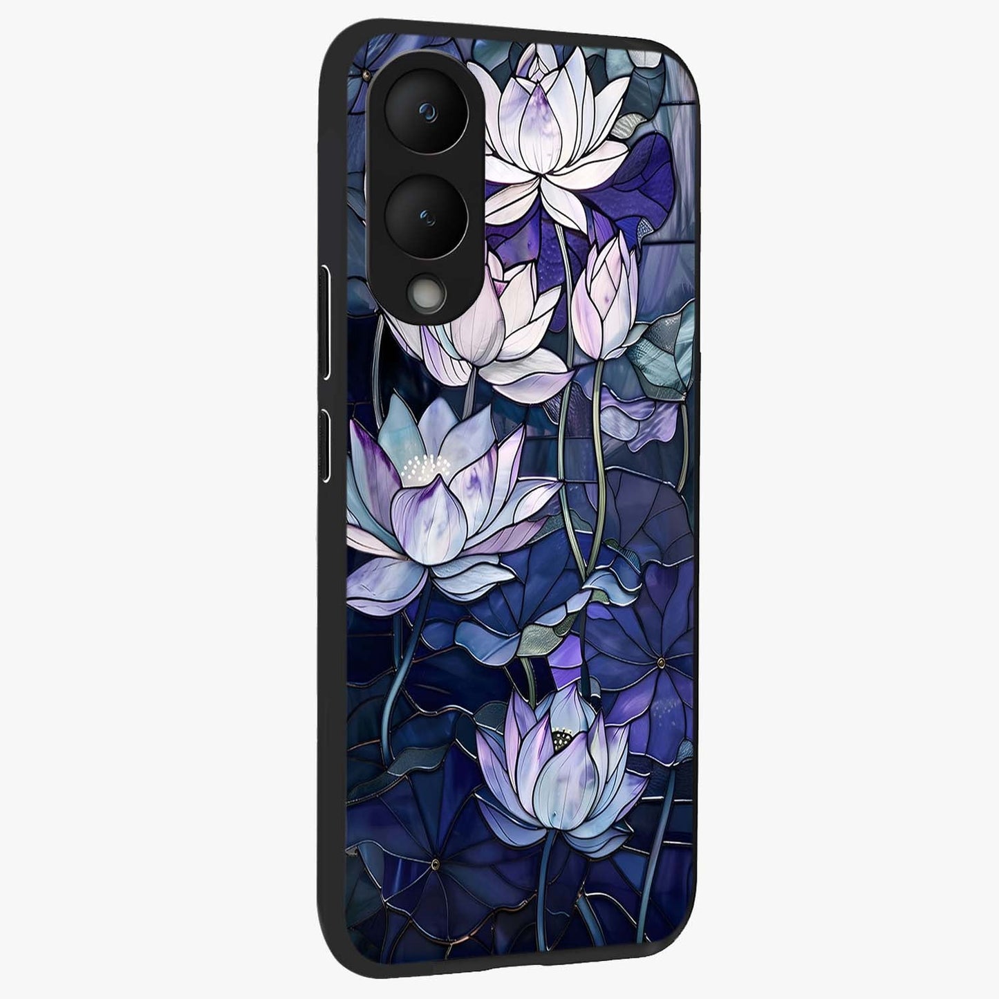 Gloss Petal Rush Glass Case upright view showcasing dynamic floral petal artwork with modern botanical theme.