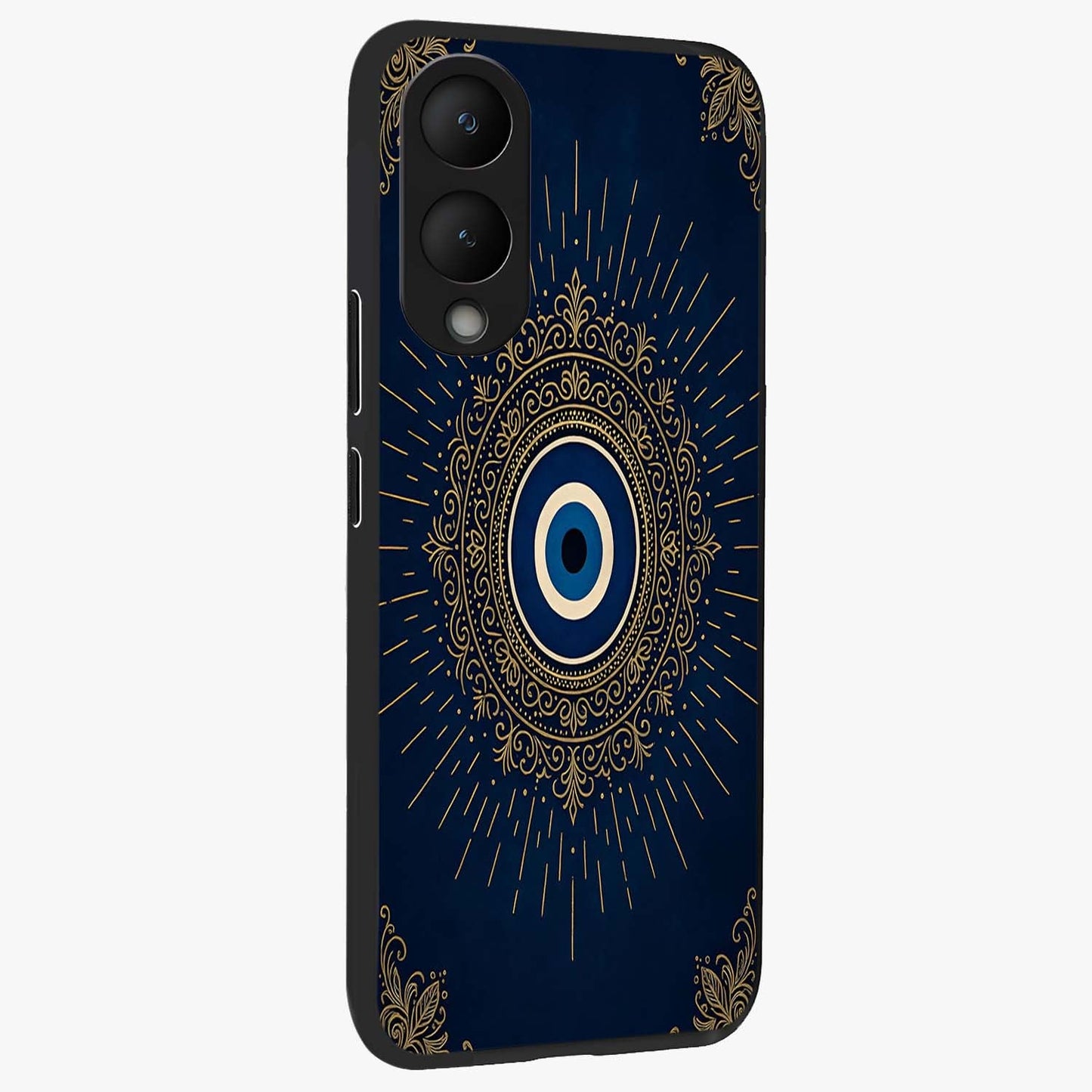 Golden Celestial Charm Glass Case upright view showcasing radiant celestial artwork with elegant golden theme.