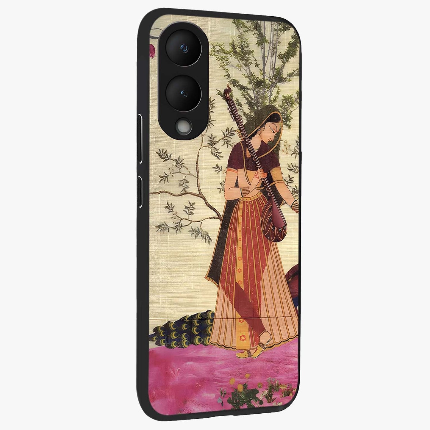 Lady With Veena Art Glass Case upright view showcasing classical veena artwork with traditional artistic theme.