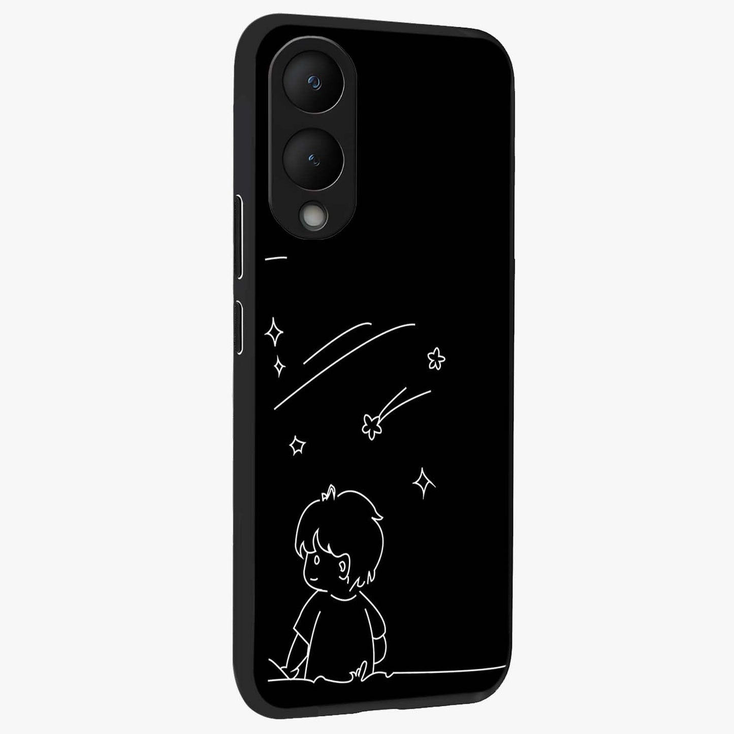 Line Art Boy With Shooting Stars Glass Case upright view showcasing artistic shooting star illustration with minimal style.