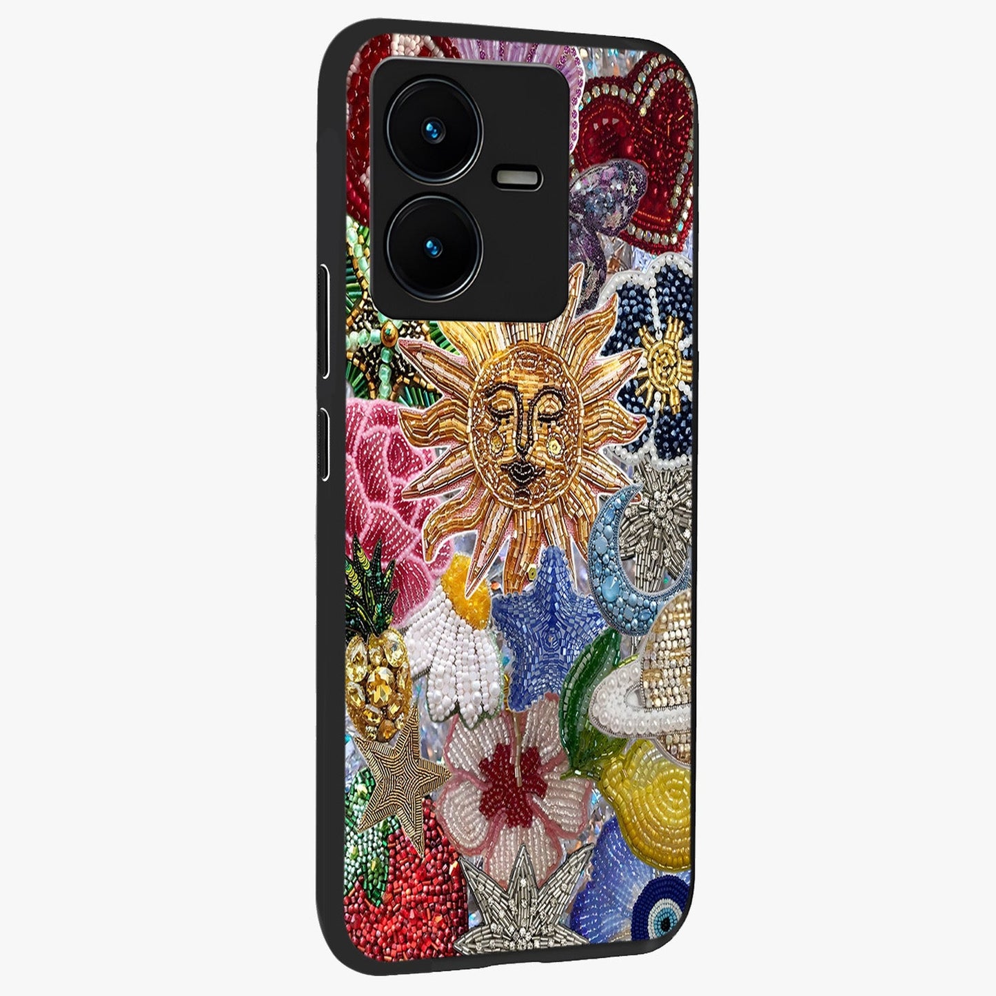 Celestial Floral and Playful Glass Case upright view showcasing whimsical floral artwork with cosmic aesthetic theme.