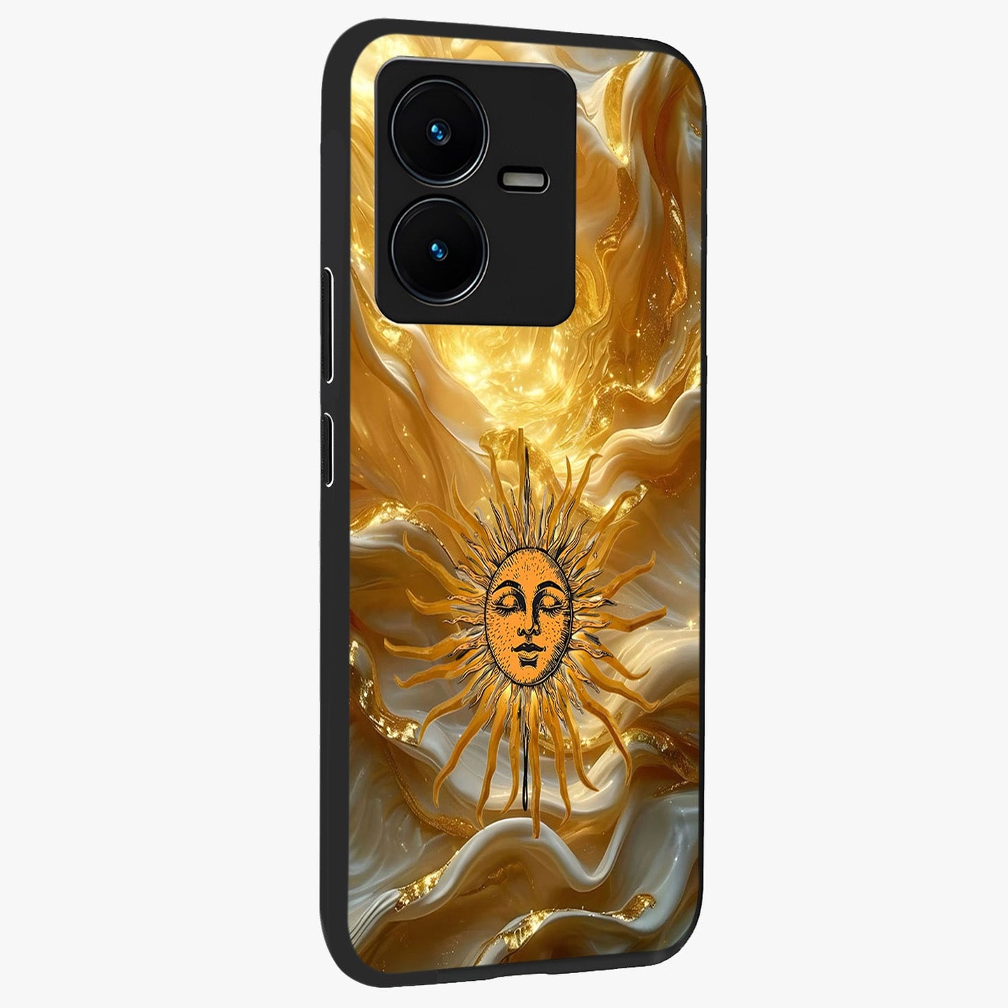 Eternal Golden Glow Glass Case upright view showcasing luminous golden artwork with luxurious visual theme.
