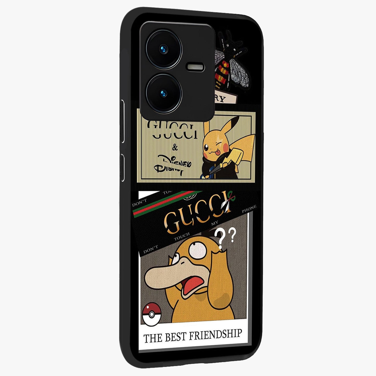 Gucci Play Mashup Glass Case upright view showcasing trendy luxury inspired artwork with modern fashion theme.
