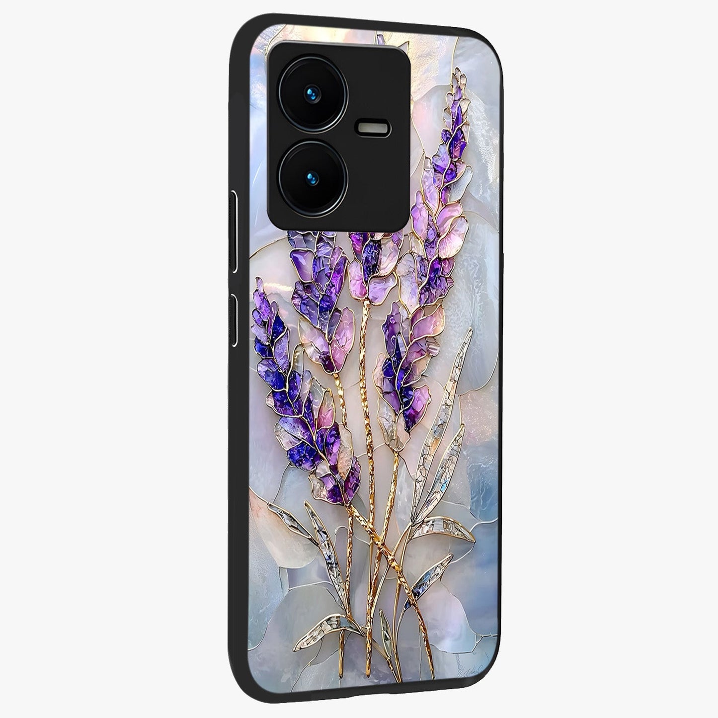 Lavender Dream Glow Glass Case upright view showcasing radiant lavender glow artwork with calming dreamy theme.