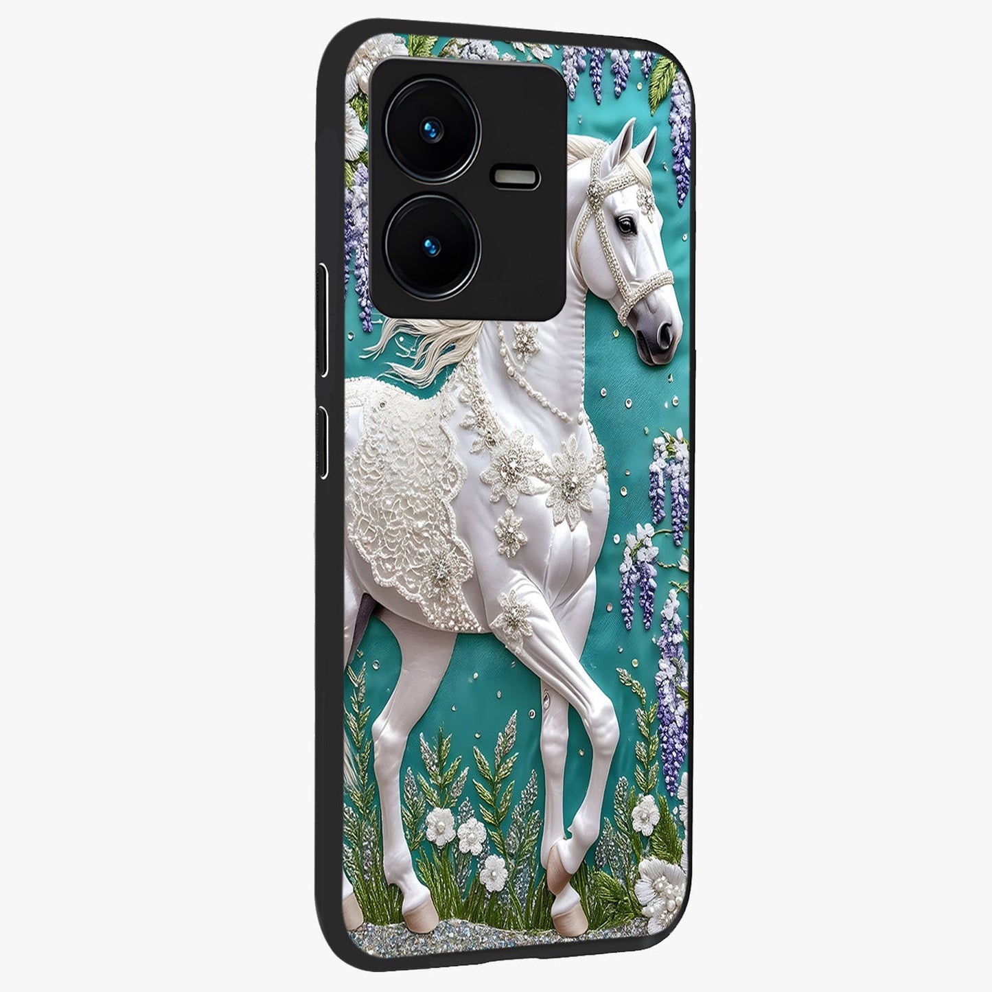 Majestic Floral Stallion Glass Case upright view showcasing dramatic horse artwork with decorative floral theme.