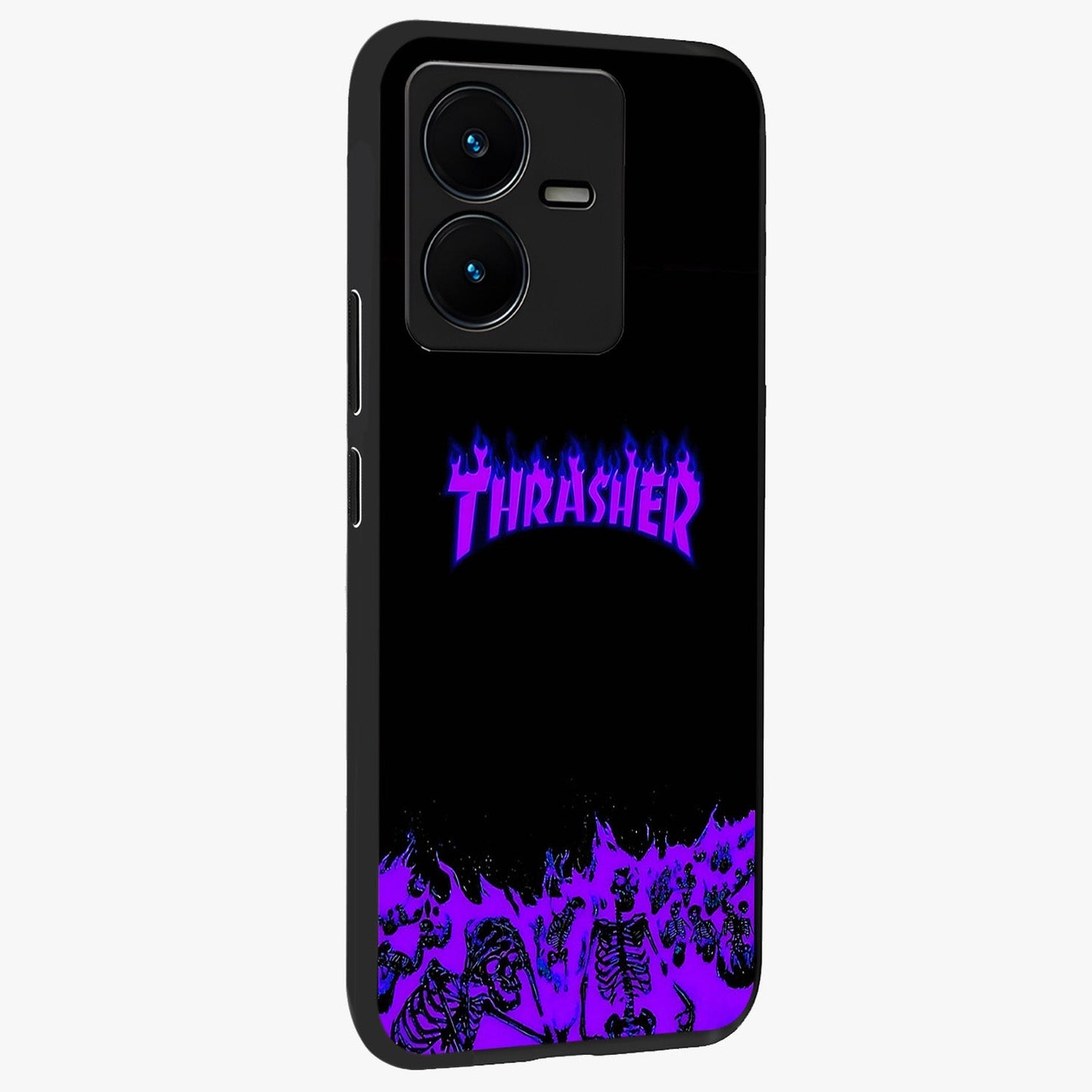 Neon Flame Riot Glass Case upright view showcasing dynamic flame artwork with energetic neon theme.