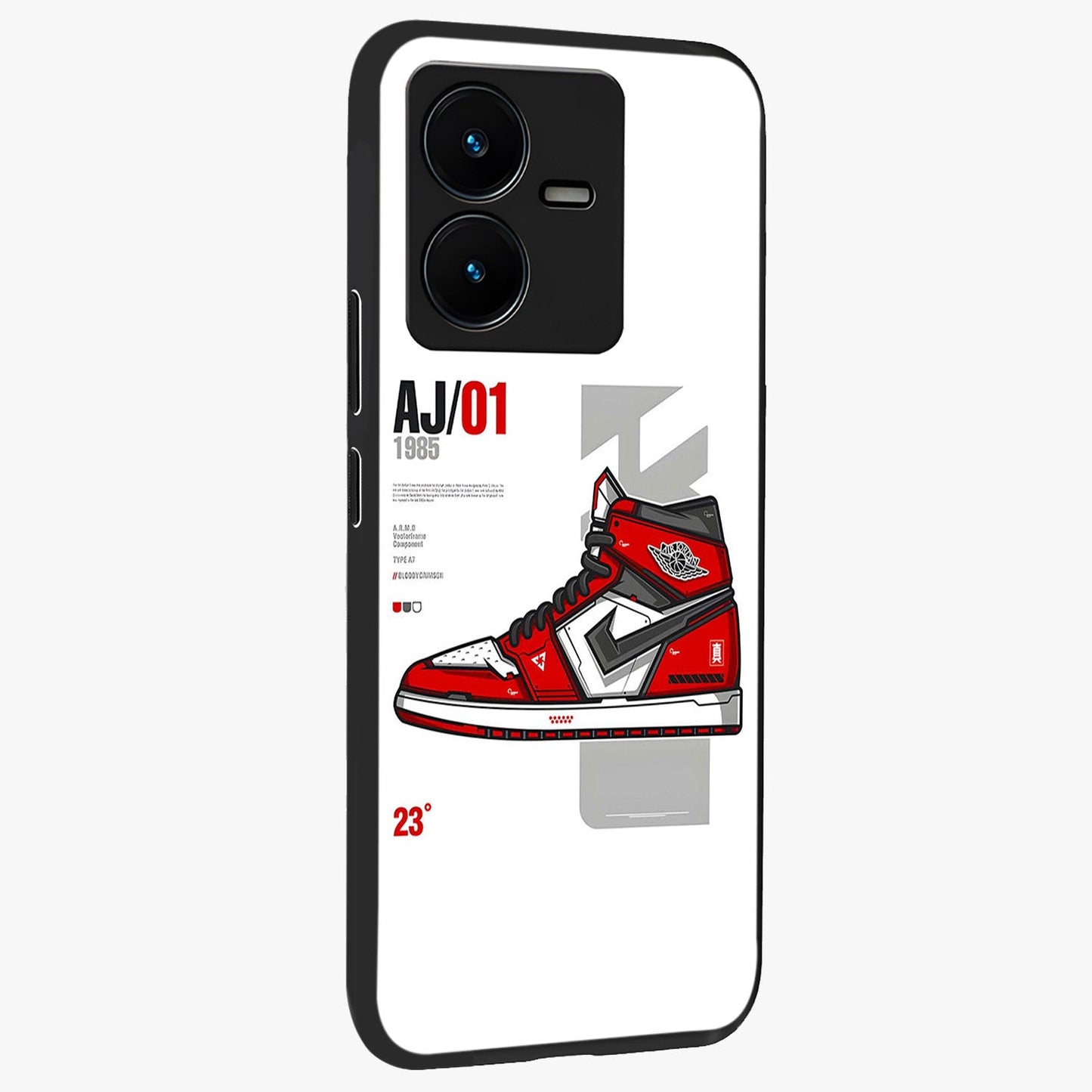 Retro Sneaker Blueprint Glass Case upright view showcasing stylish sneaker illustration with vintage streetwear theme.