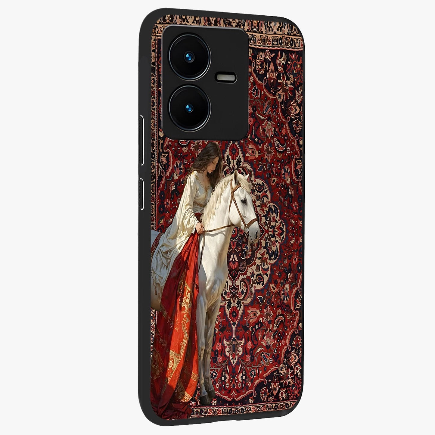 Royal Rider Tapestry Glass Case upright view showcasing detailed rider artwork with classic tapestry theme.