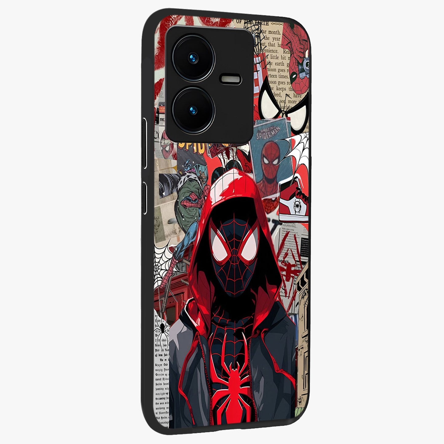 Spider Collage Street Glass Case upright view showcasing bold superhero artwork with urban street theme.