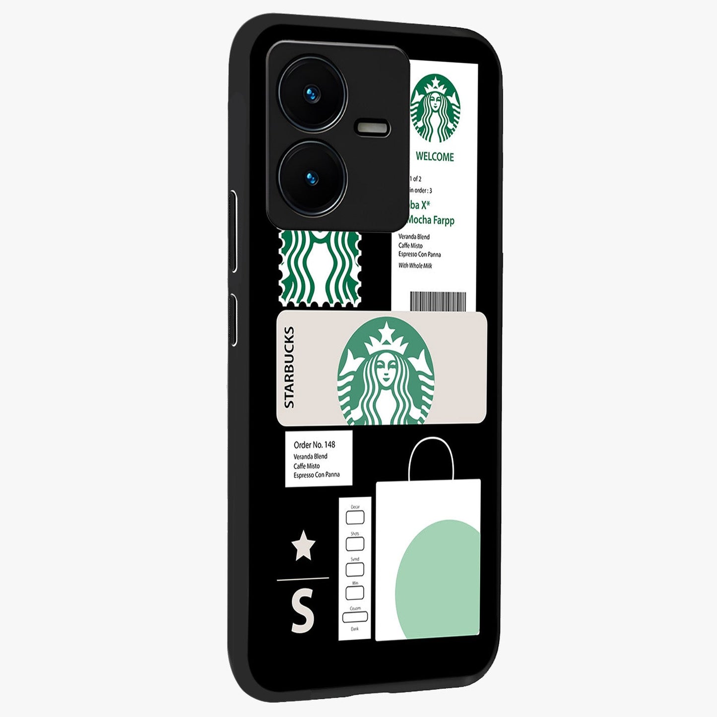 Starbucks Mocha Glass Case upright view showcasing trendy coffee inspired artwork with modern lifestyle theme.