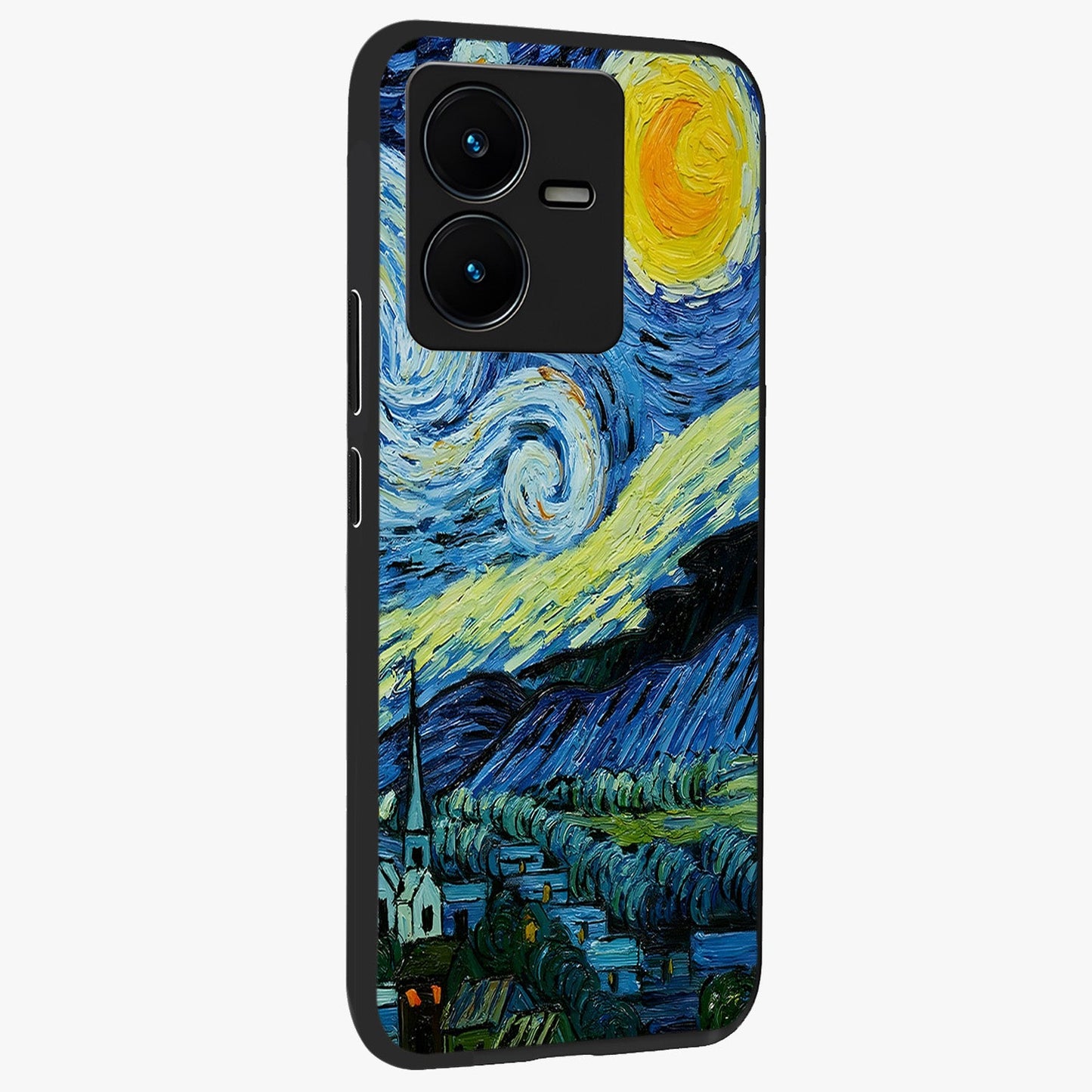 Van Gogh Art Glass Case upright view showcasing expressive painting style artwork with timeless artistic theme.