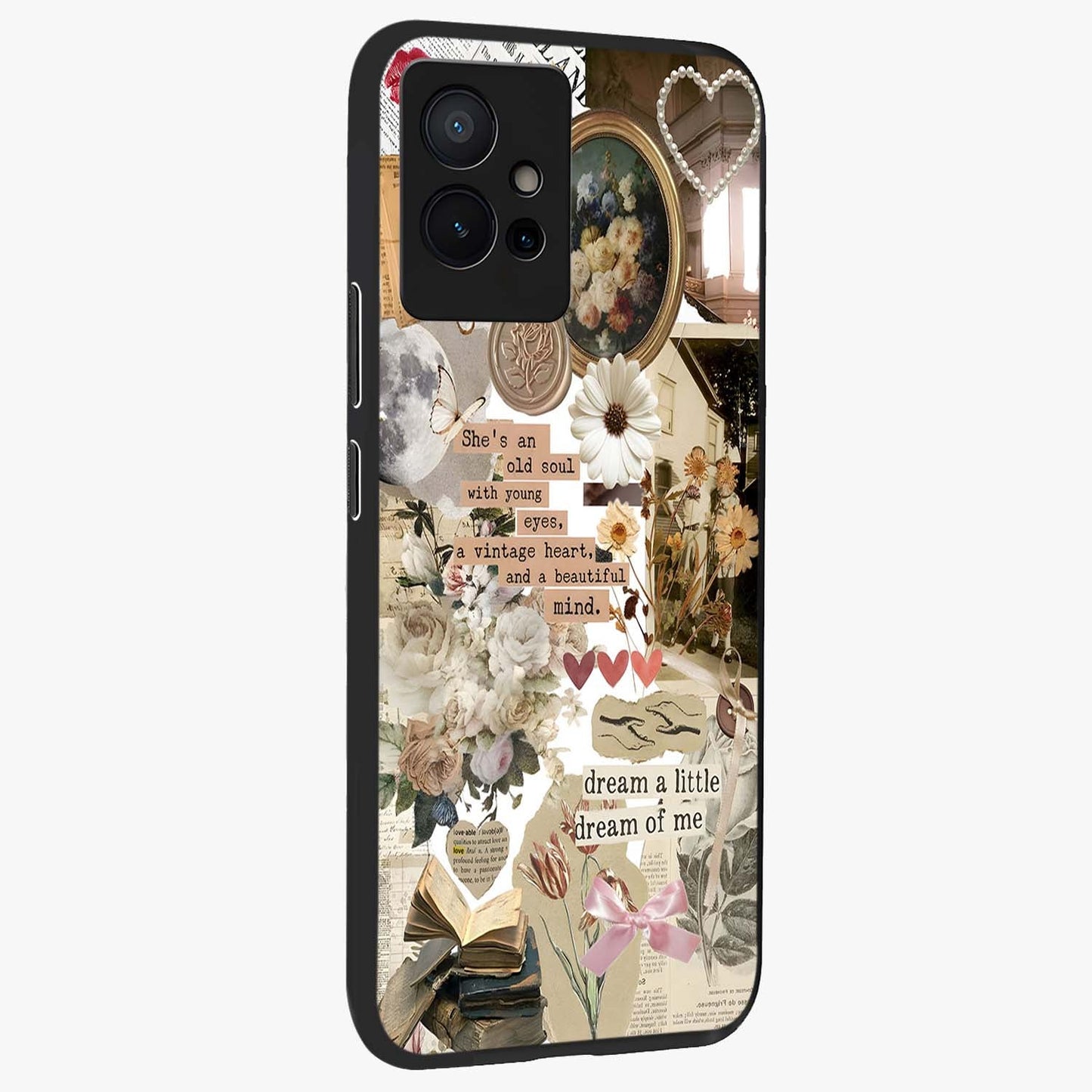 Aesthetic Brown Vintage Collage Glass Case upright view showcasing nostalgic retro artwork with stylish vintage theme.