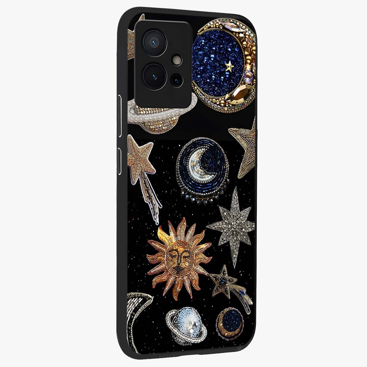 Celestial Gem Constellations Glass Case upright view showcasing cosmic constellation artwork with celestial aesthetic style.