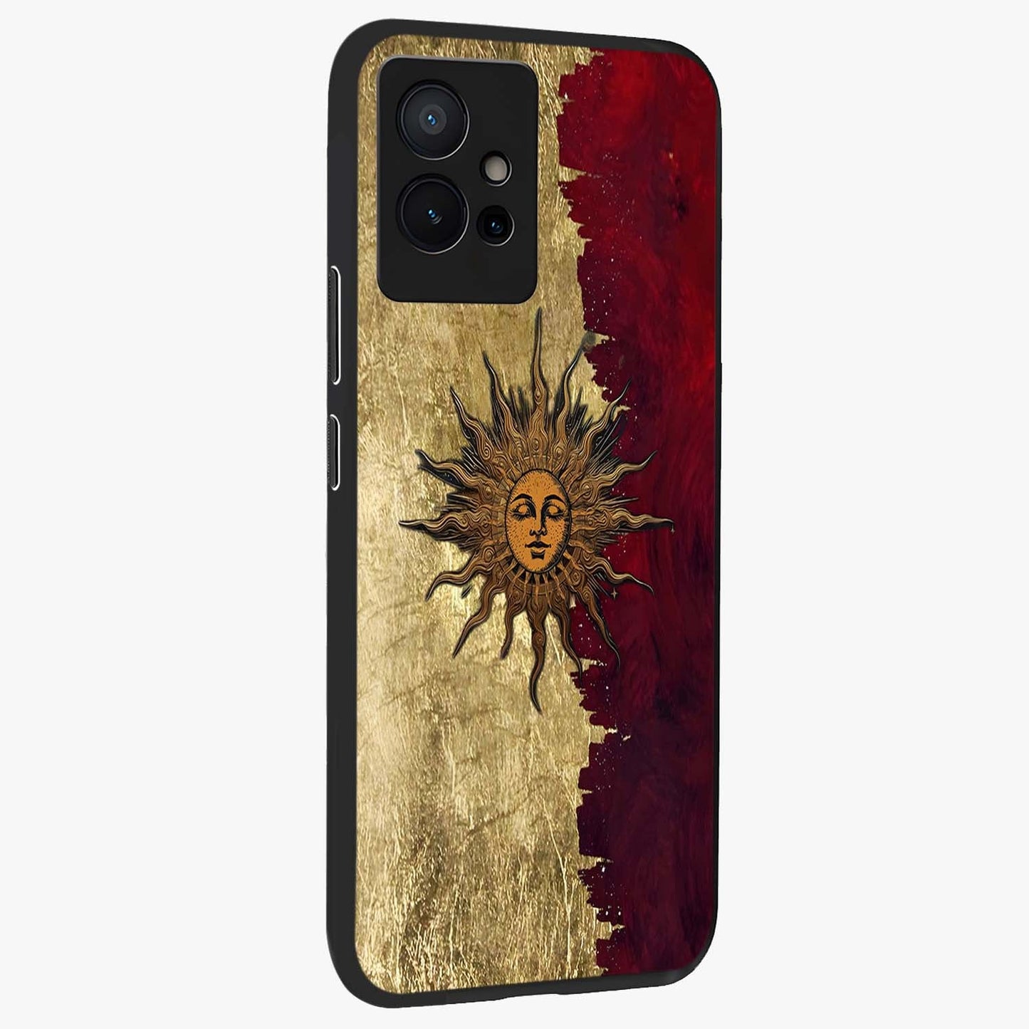 Crimson Sun Majesty Glass Case upright view showcasing vibrant sun artwork with powerful celestial theme.