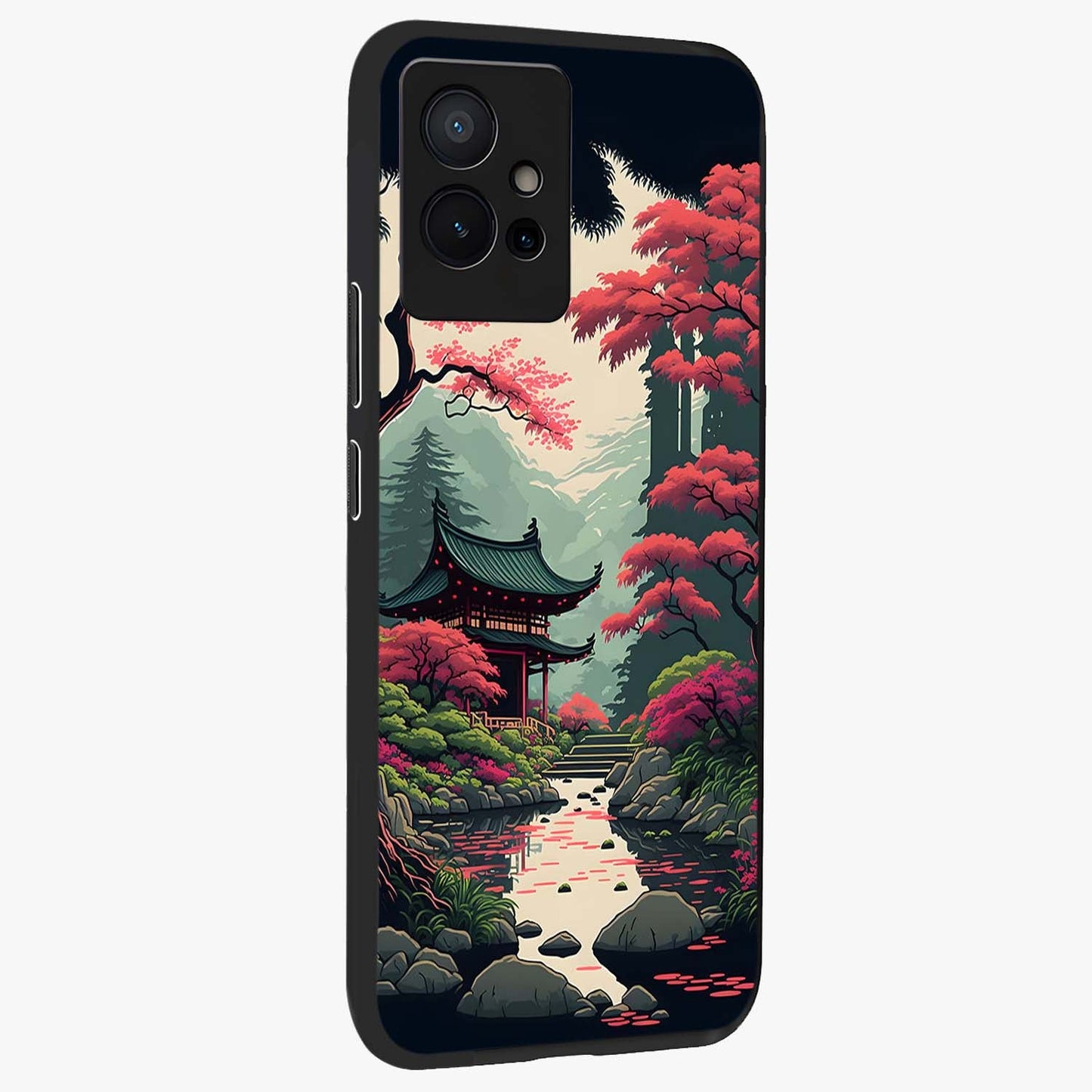 Crimson Temple View Glass Case upright view showcasing architectural temple artwork with dramatic crimson theme.