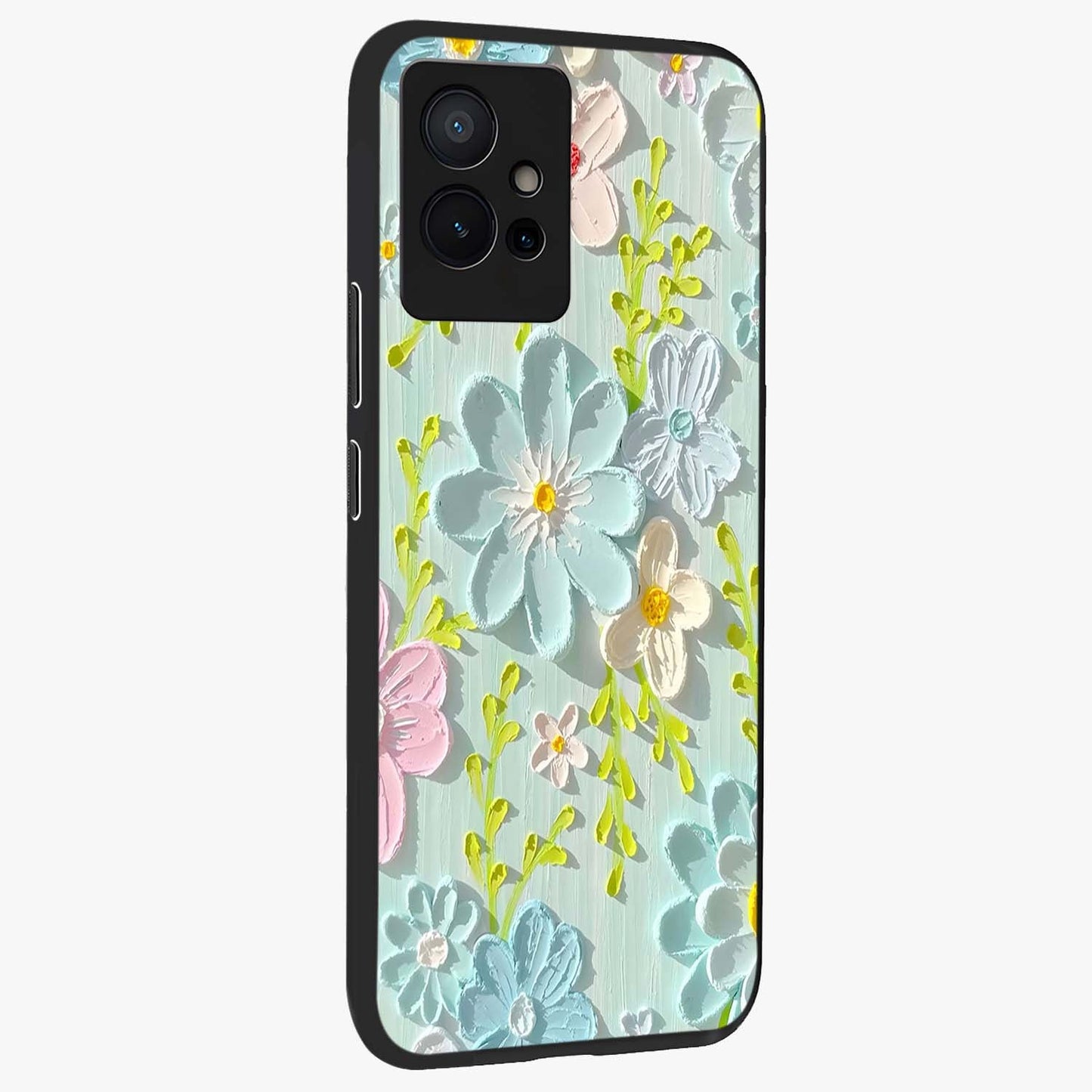 Frosted Petal Garden Glass Case upright view showcasing elegant floral garden artwork with soothing pastel theme.