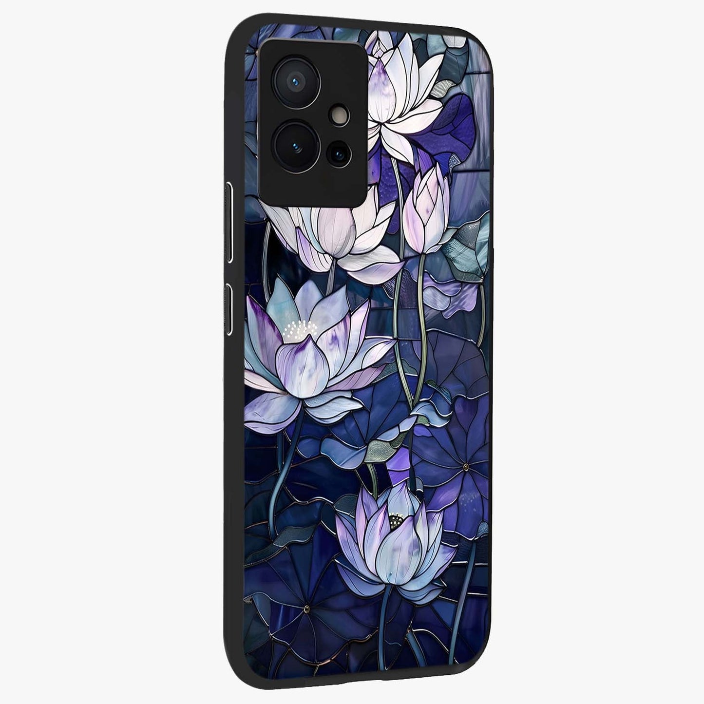 Gloss Petal Rush Glass Case upright view showcasing dynamic floral petal artwork with modern botanical theme.