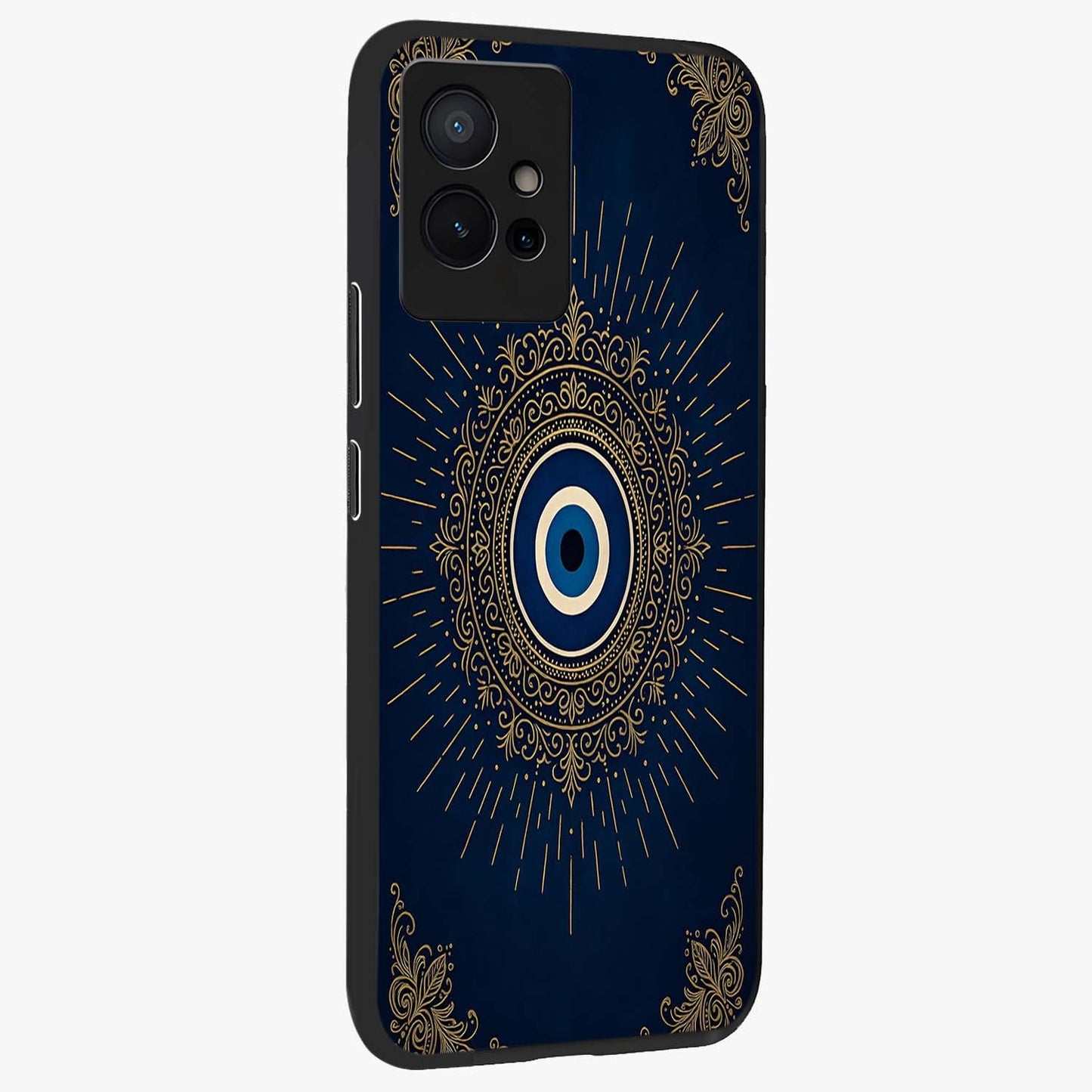 Golden Celestial Charm Glass Case upright view showcasing radiant celestial artwork with elegant golden theme.