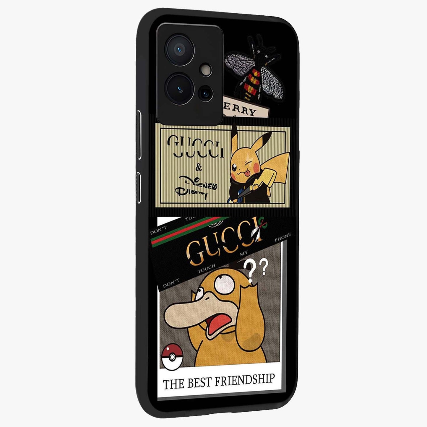 Gucci Play Mashup Glass Case upright view showcasing trendy luxury inspired artwork with modern fashion theme.
