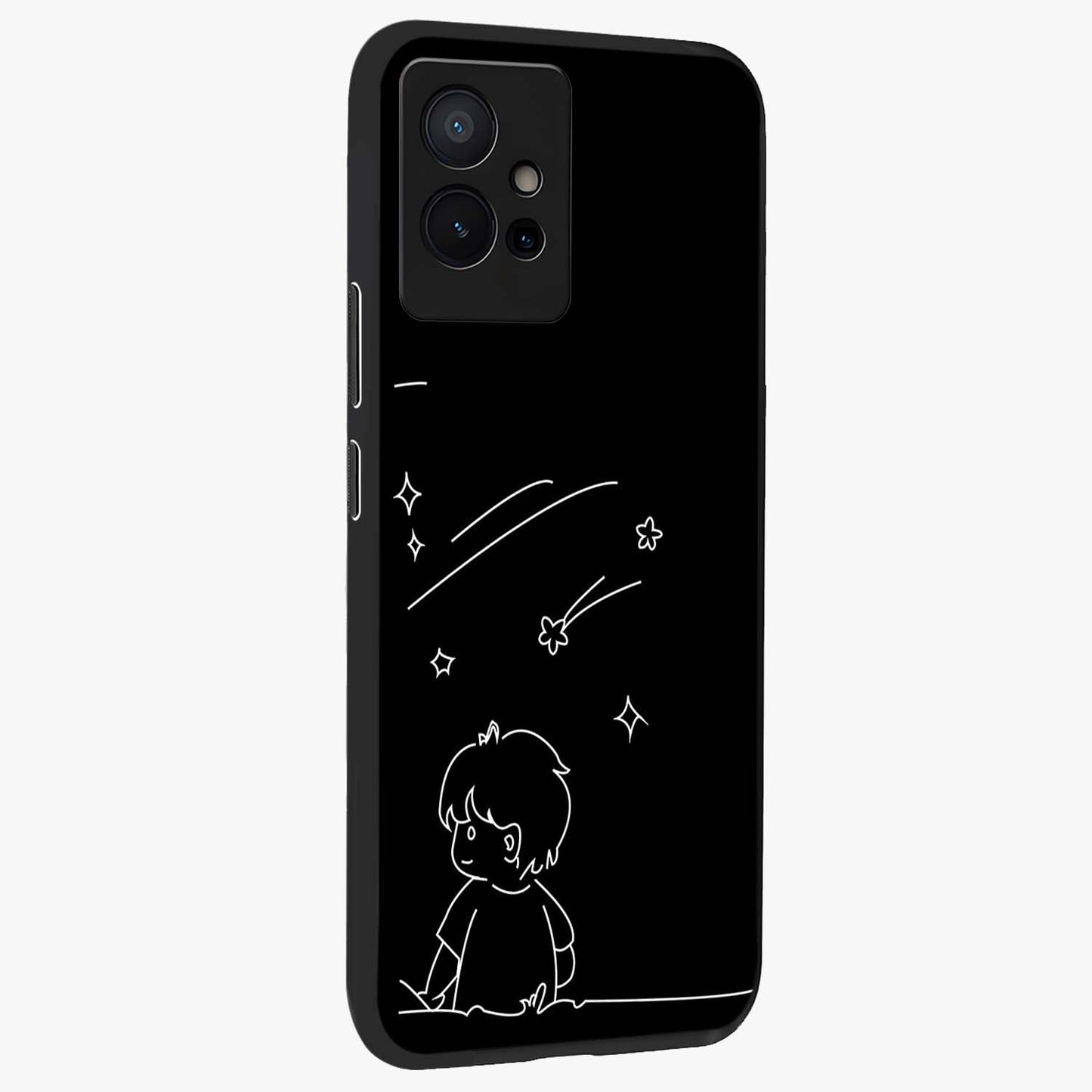 Line Art Boy With Shooting Stars Glass Case upright view showcasing artistic shooting star illustration with minimal style.