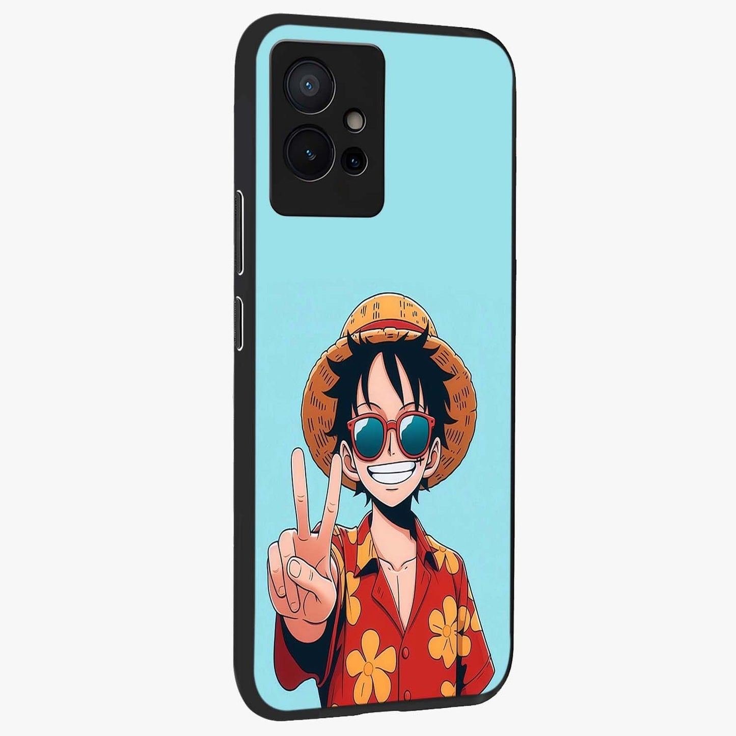 Luffy Summer Anime Vibe Glass Case upright view showcasing dynamic anime artwork with bright adventurous theme.