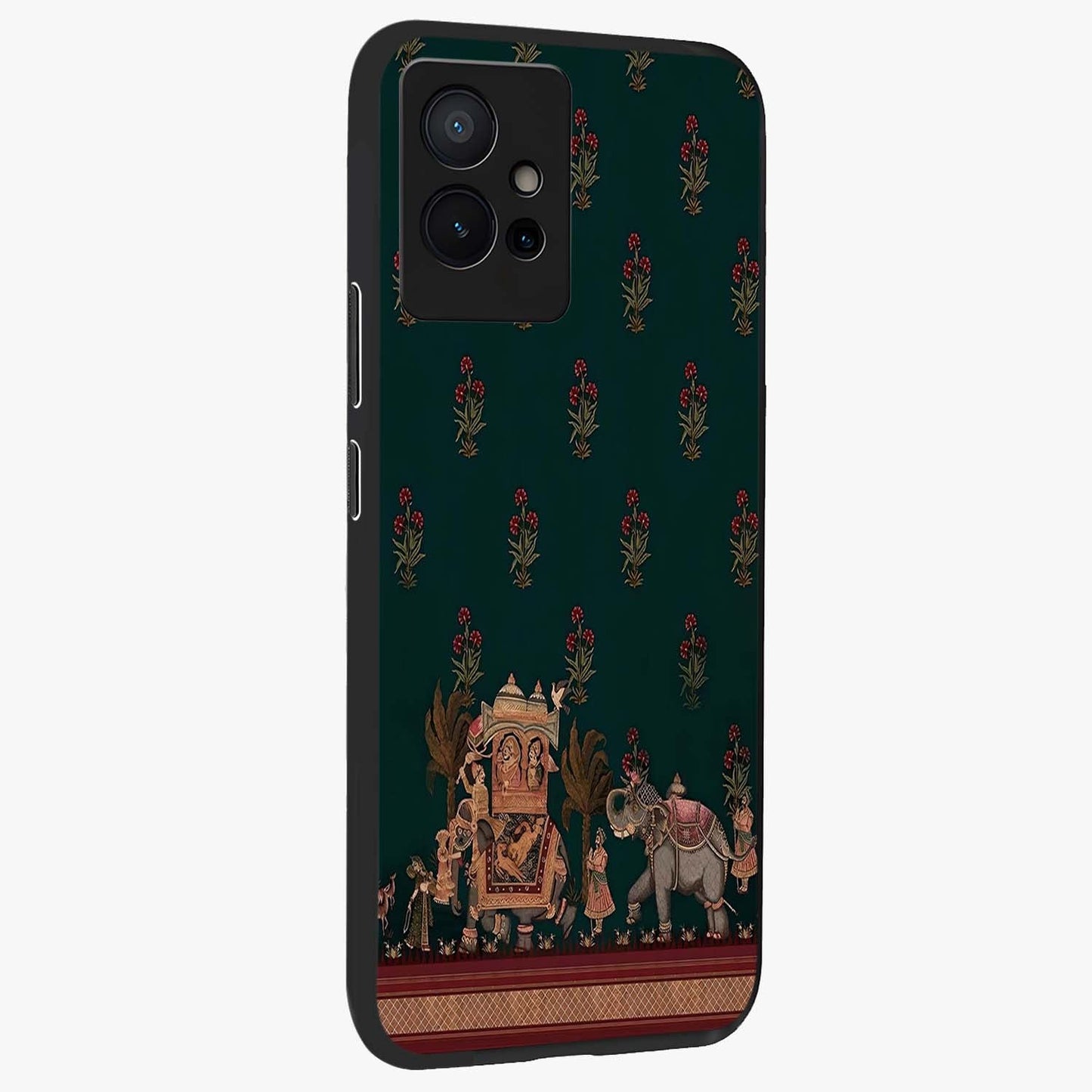 Macmerise Glass Case upright view showcasing bold artistic artwork with contemporary design theme.