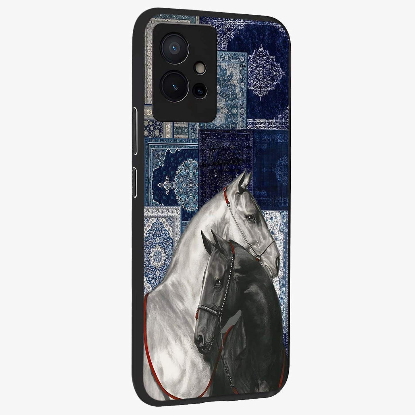 Midnight Stallion Blues Glass Case upright view showcasing dramatic horse artwork with bold artistic theme.
