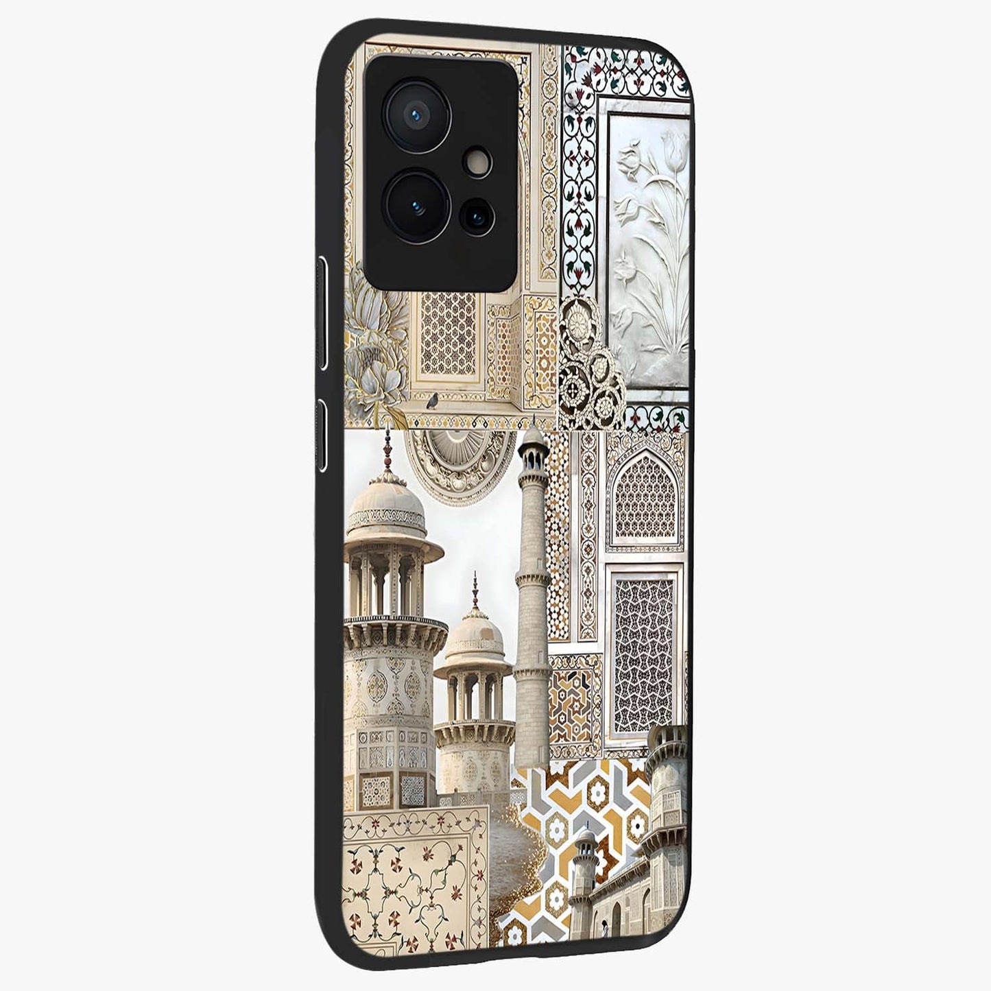 Mughal Marble Legacy Glass Case upright view showcasing ornate Mughal design with luxurious traditional theme.