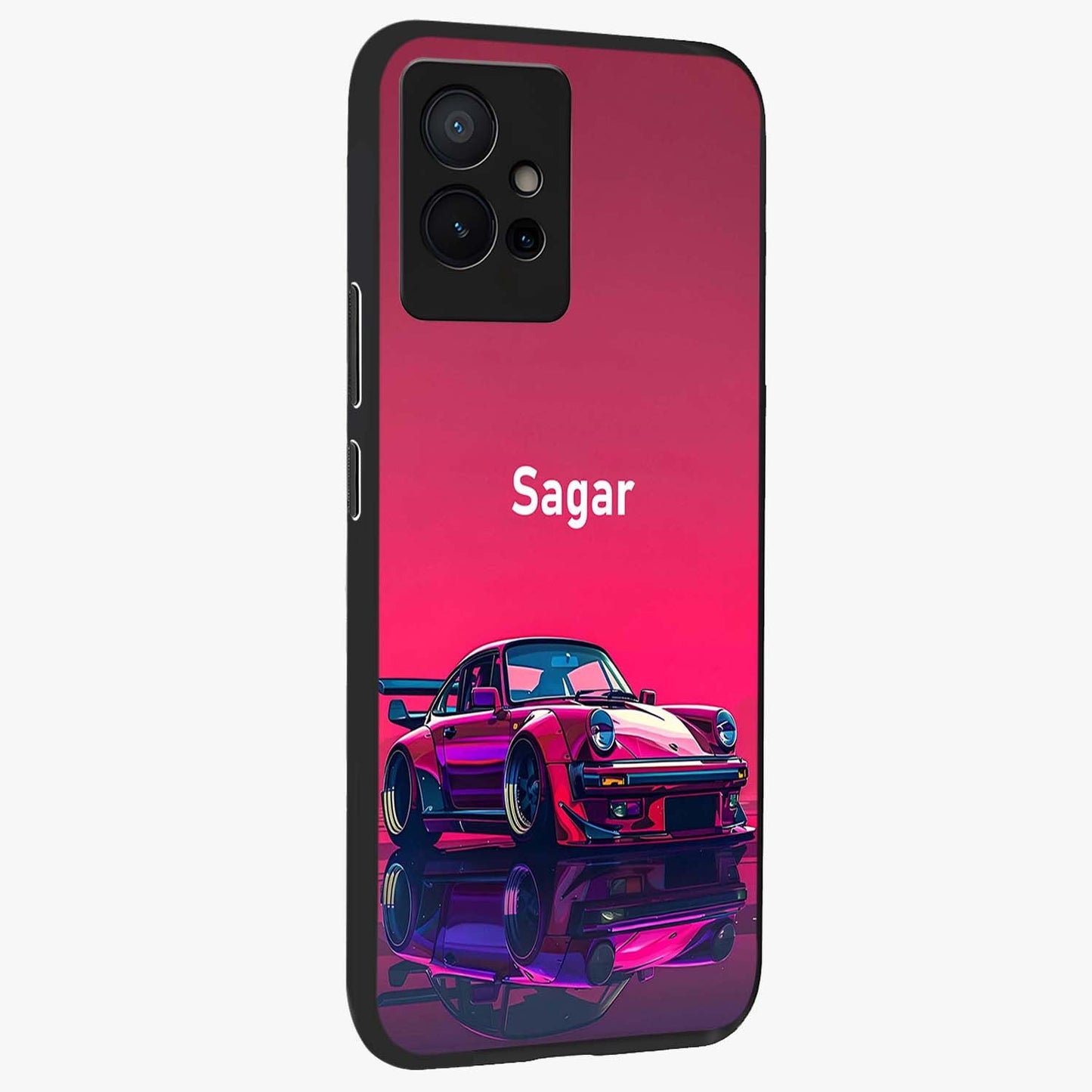 Neon Pink Porsche Glass Case upright view showcasing vibrant sports car artwork with bold automotive theme.