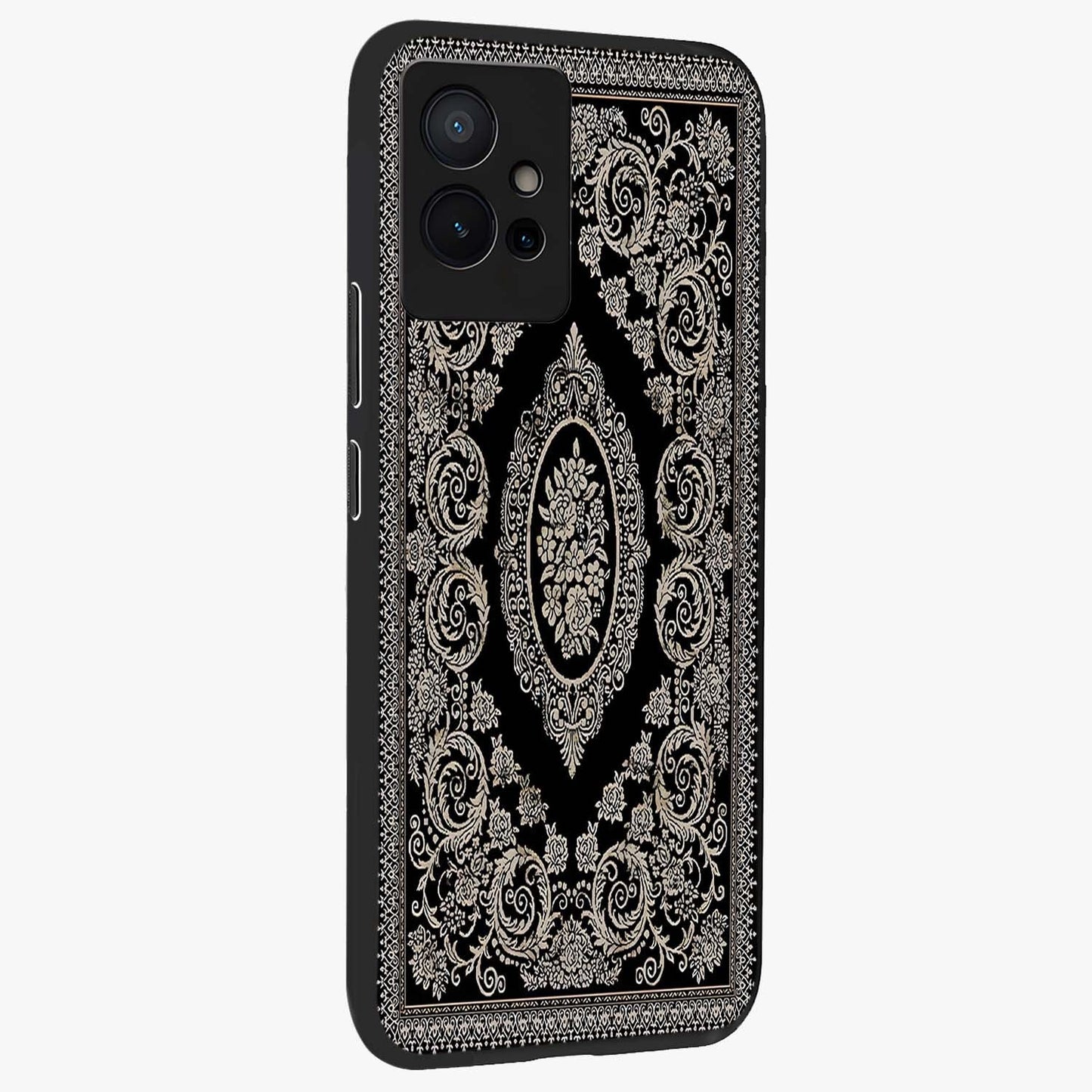 Noir Bloom Elegance Glass Case upright view showcasing graceful floral artwork with luxurious dark theme.