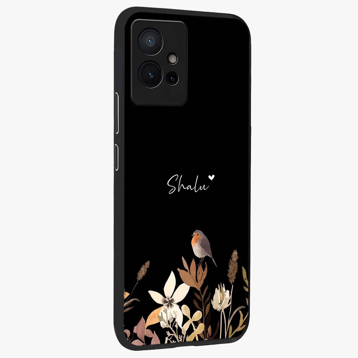 Quiet Garden Tune Custom Name Glass Case upright view showcasing serene botanical artwork with personalized aesthetic.