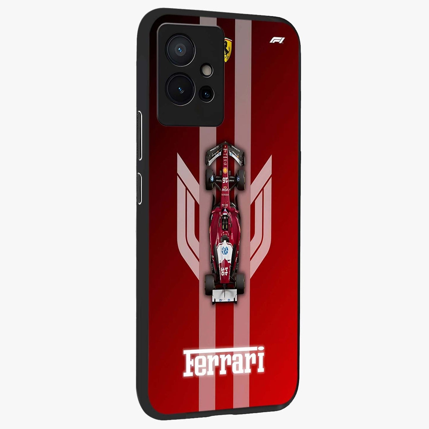 Red Ferrari F1 Vertical Glass Case upright view showcasing powerful Formula car artwork with dynamic motorsport theme.