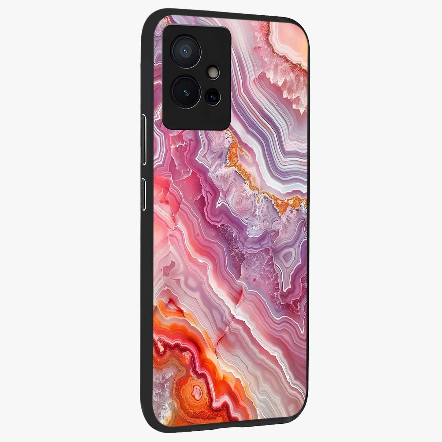 Rose Quartz Marble Glass Case upright view showcasing decorative marble artwork with luxurious pastel theme.