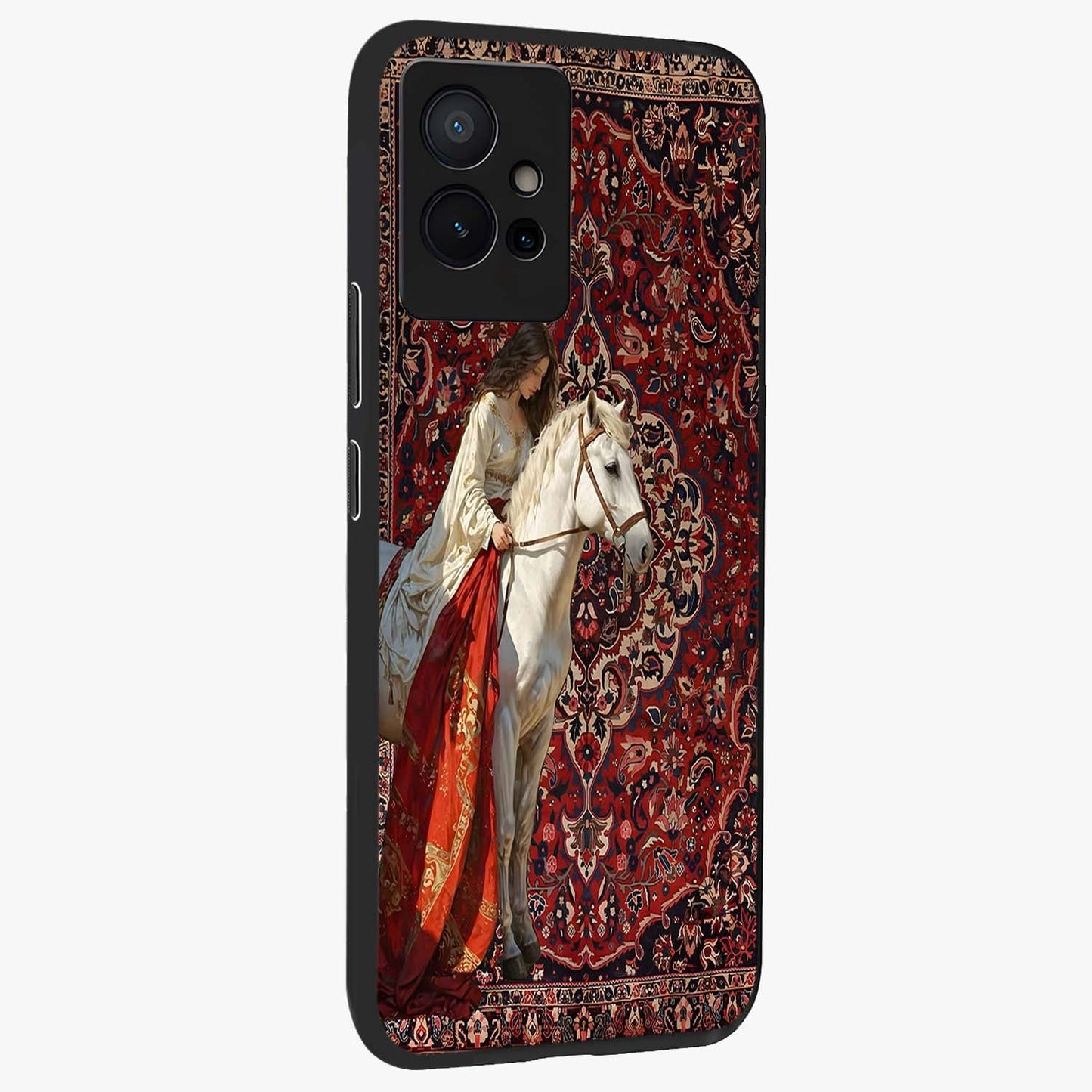 Royal Rider Tapestry Glass Case upright view showcasing detailed rider artwork with classic tapestry theme.