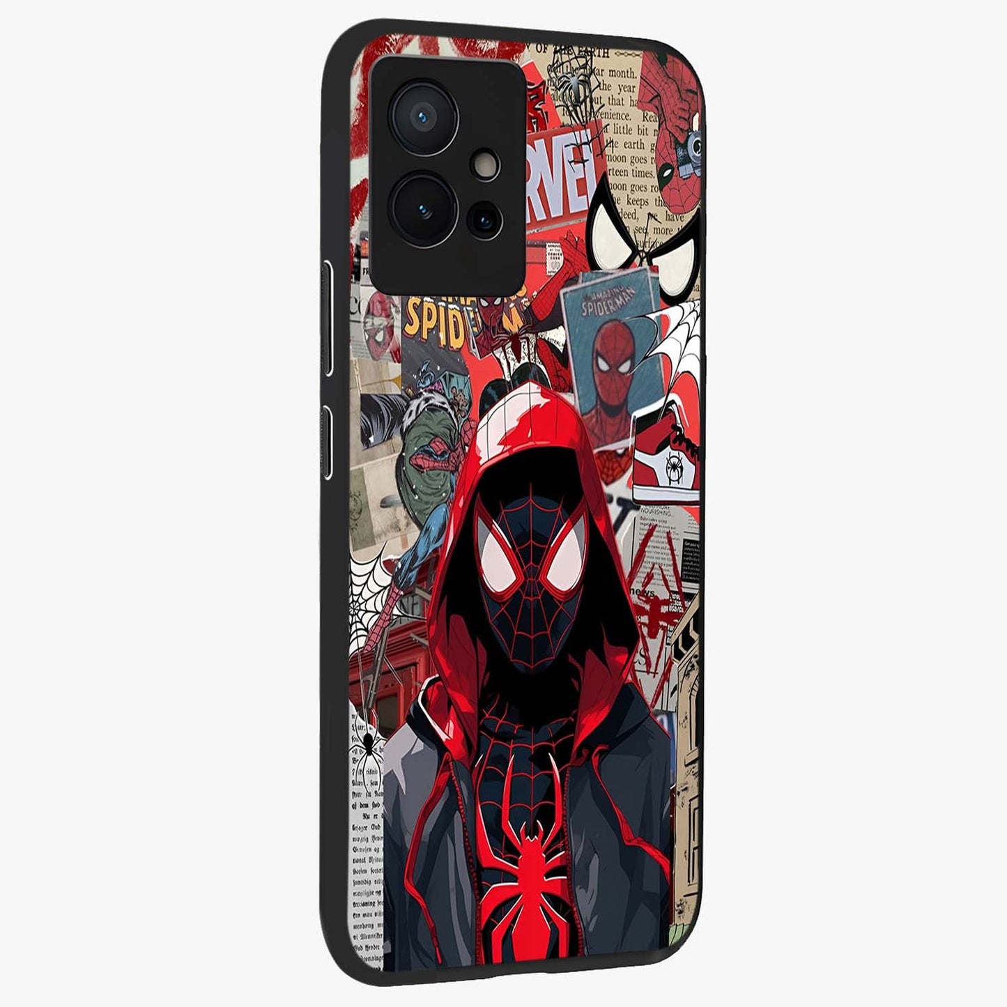 Spider Collage Street Glass Case upright view showcasing bold superhero artwork with urban street theme.