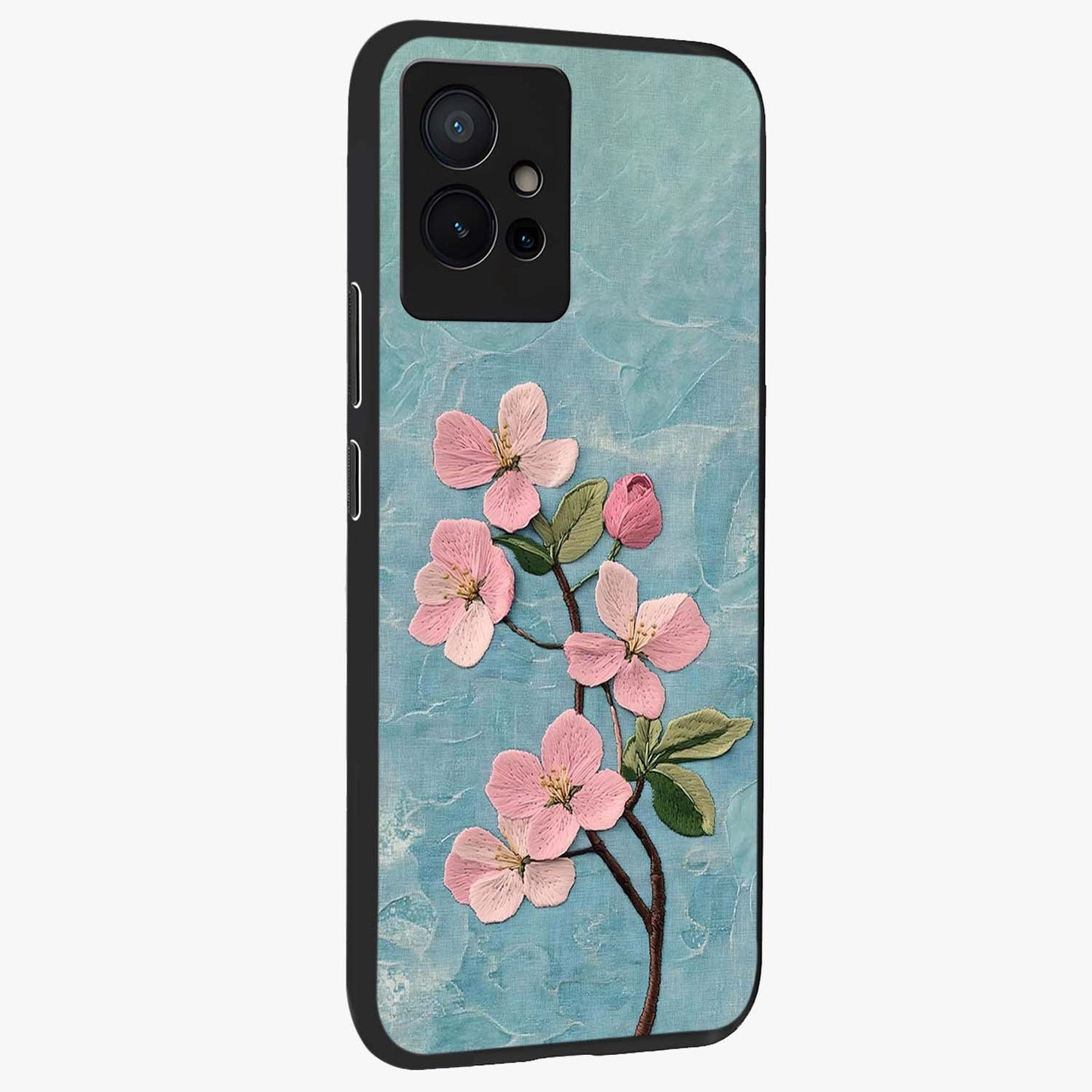 Threaded Blossom Breeze Glass Case upright view showcasing graceful flower artwork with calm botanical theme.
