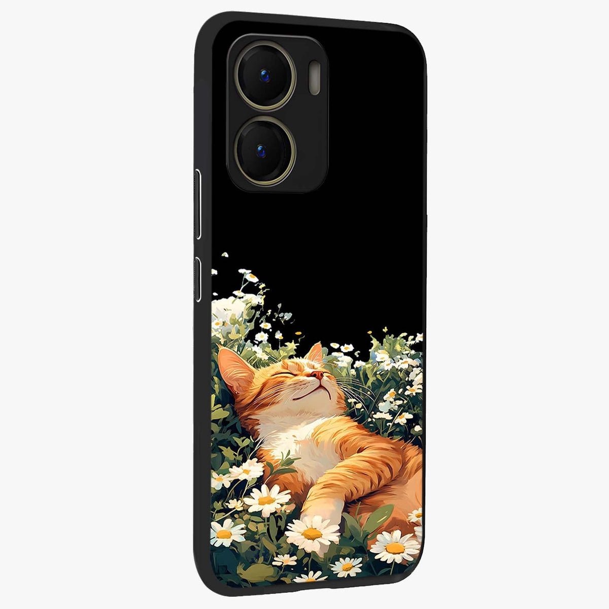 Blissful Bloom Cat Glass Case upright view showcasing charming cat design surrounded by blooming floral elements.