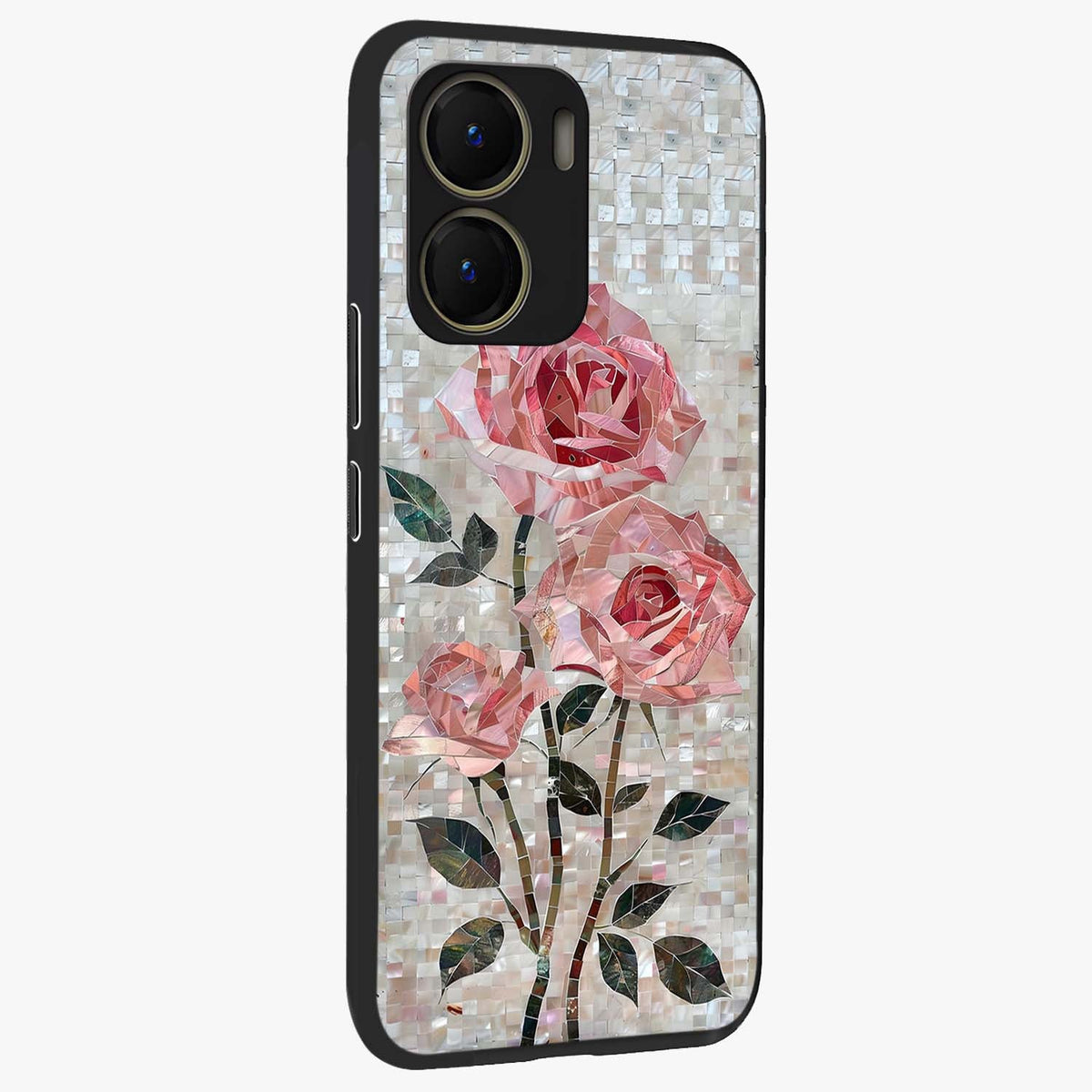Blush Mosaic Bloom Glass Case upright view showcasing decorative floral mosaic artwork with stylish modern aesthetic.