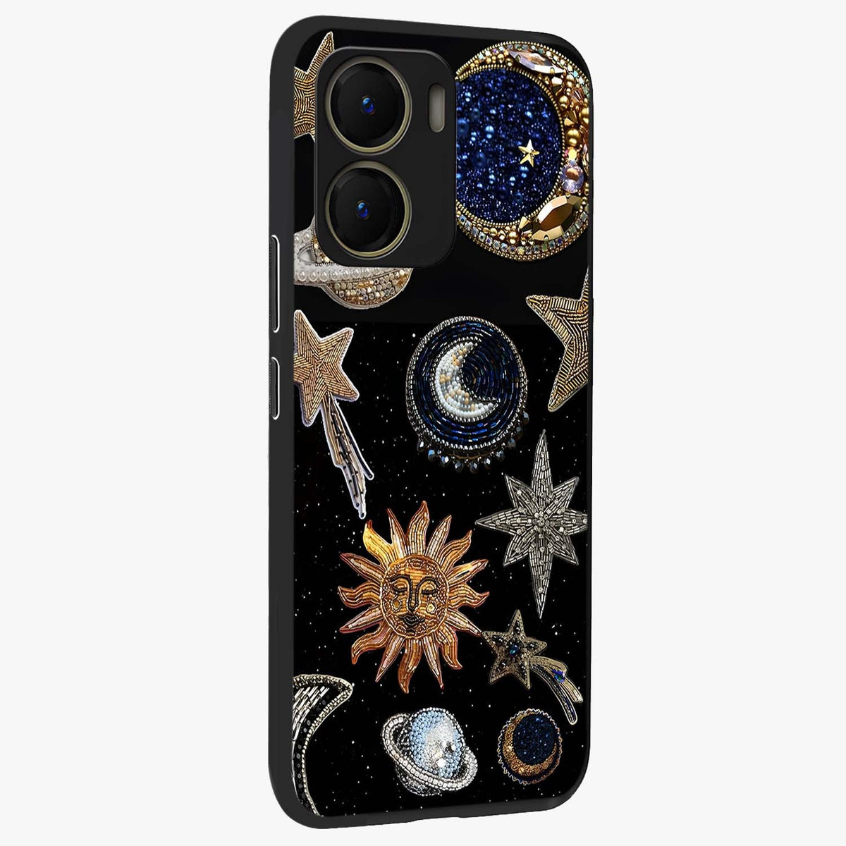 Celestial Gem Constellations Glass Case upright view showcasing cosmic constellation artwork with celestial aesthetic style.
