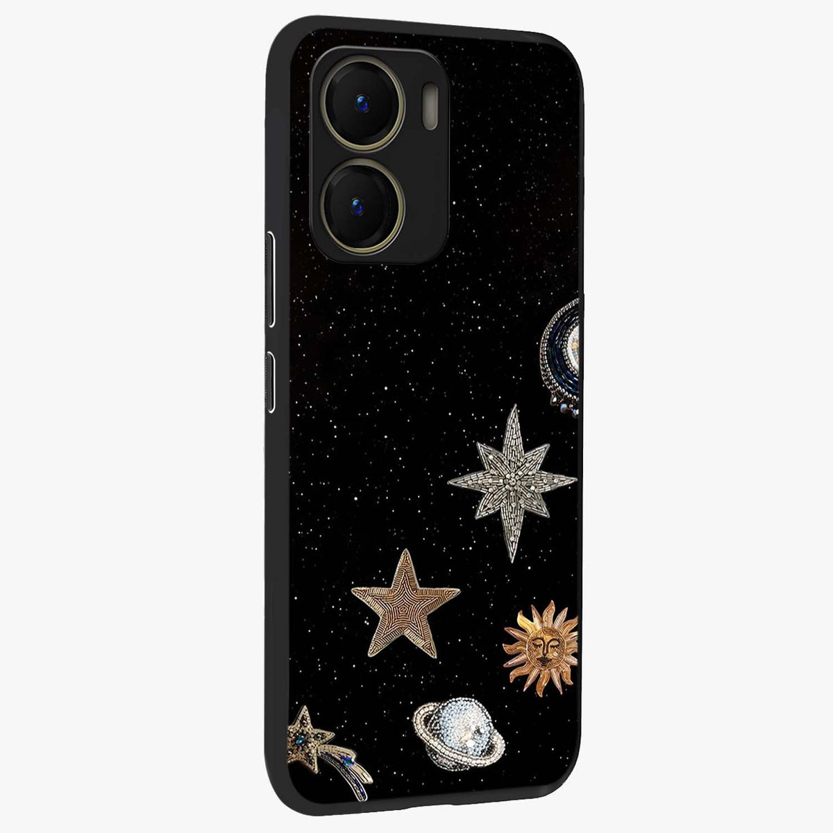 Galactic Charm Glow Glass Case upright view showcasing glowing cosmic charm artwork with magical celestial style.