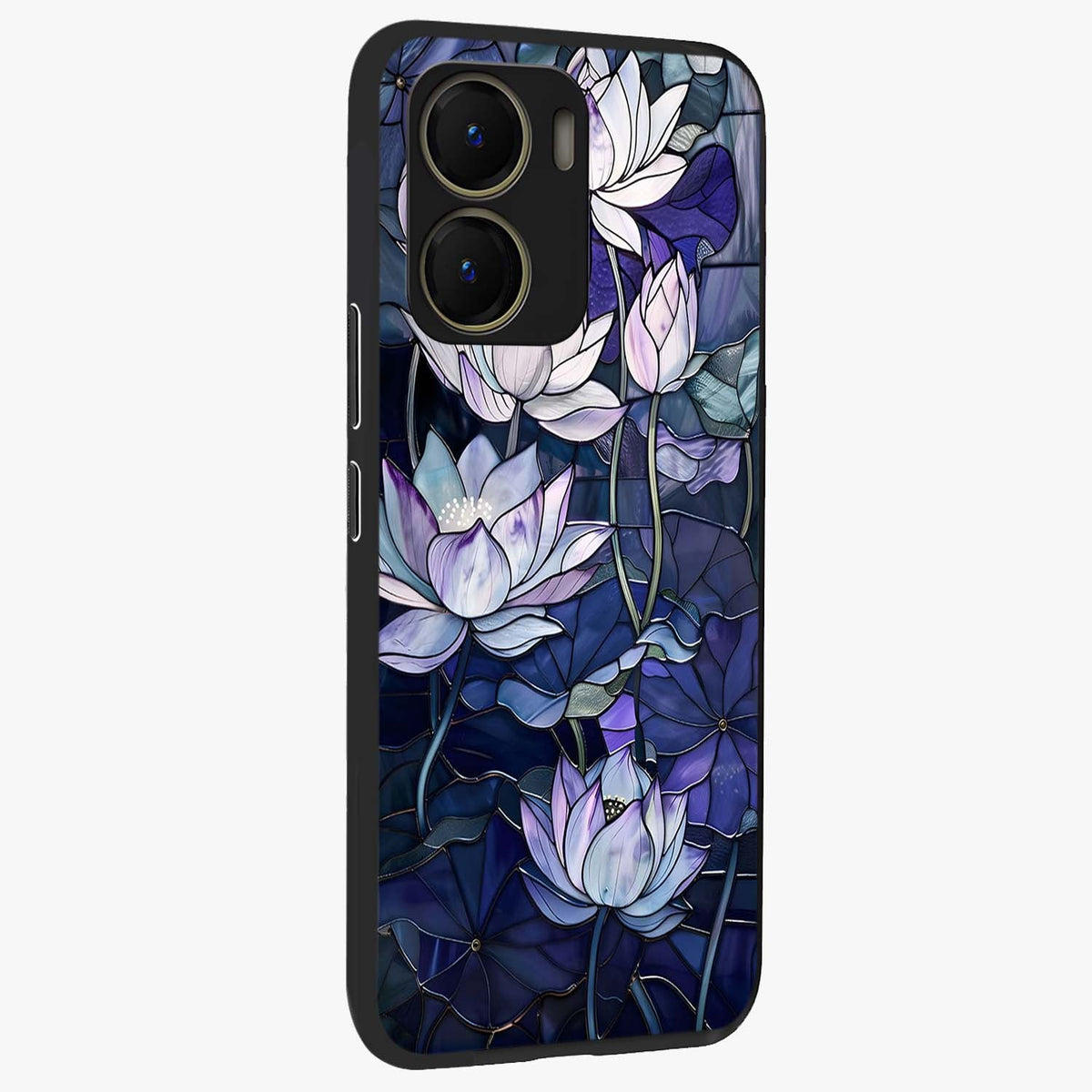 Gloss Petal Rush Glass Case upright view showcasing dynamic floral petal artwork with modern botanical theme.