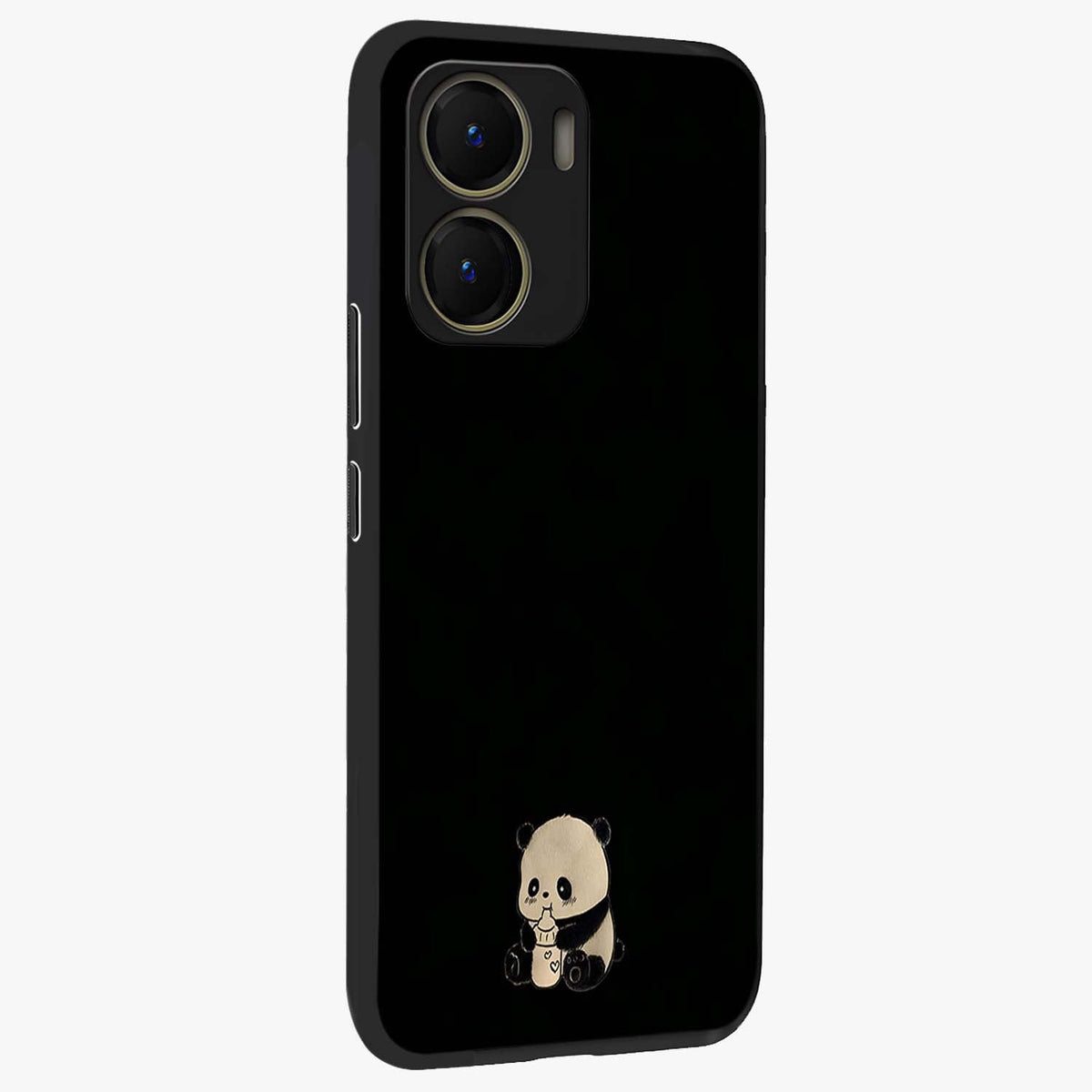 Midnight Panda Love Glass Case upright view showcasing charming panda artwork with playful romantic theme.