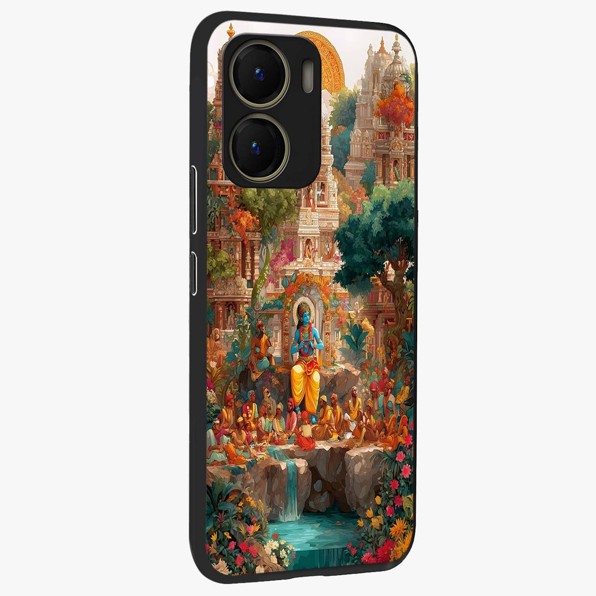 Sacred Sunlight Gods Glass Case upright view showcasing glowing divine artwork with sacred mythological theme.